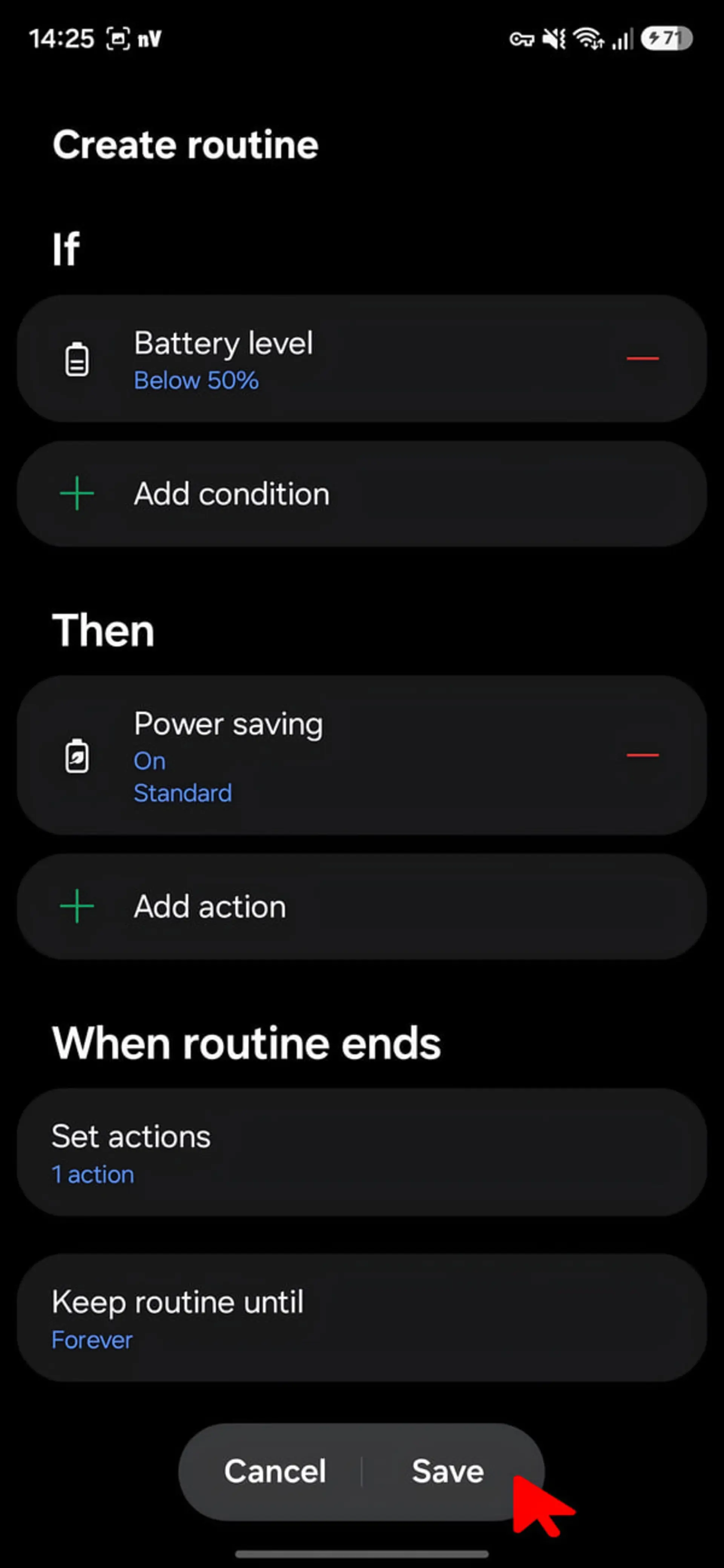 تنظیمات بخش Create routine در گوشی سامسونگ برای فعال‌سازی خودکار حالت Power saving