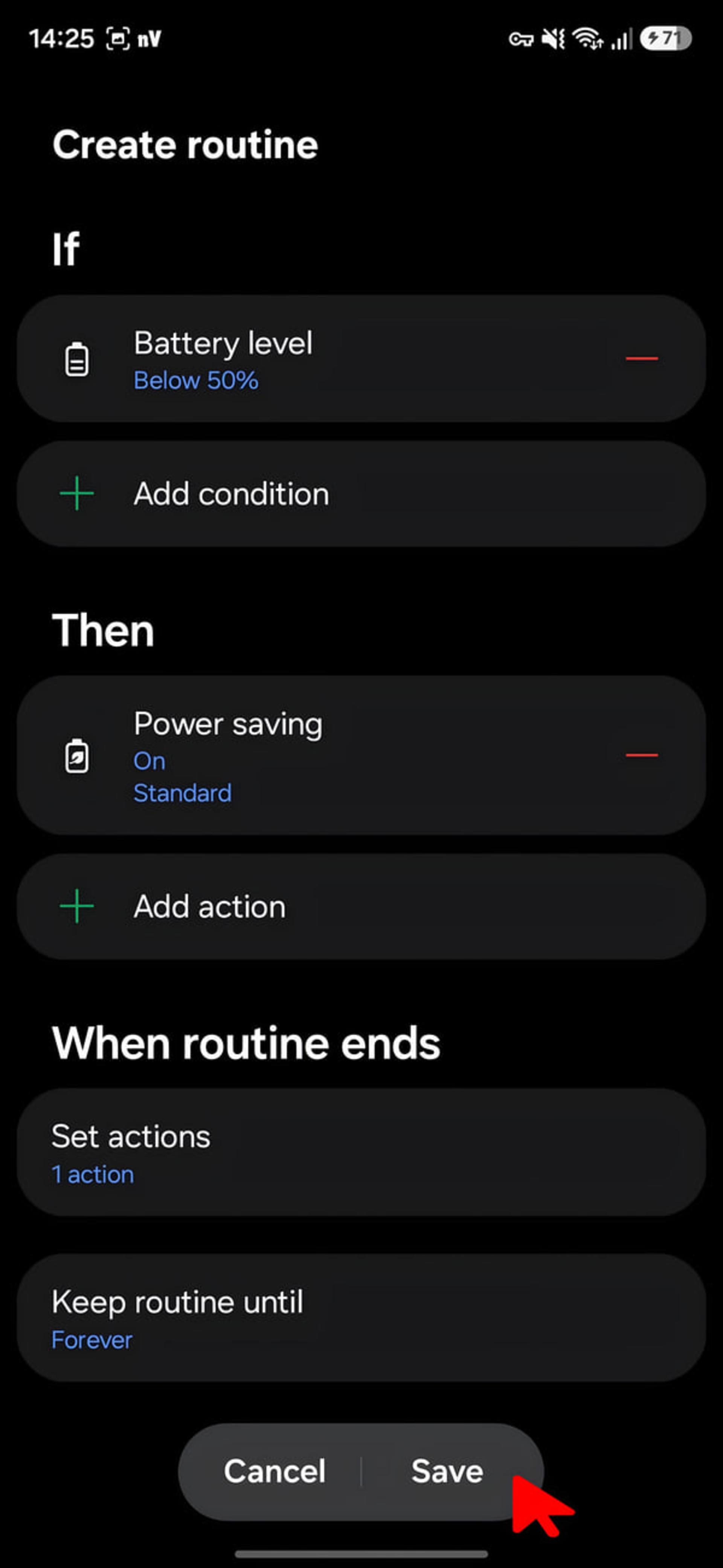 تنظیمات بخش Create routine در گوشی سامسونگ برای فعال‌سازی خودکار حالت Power saving