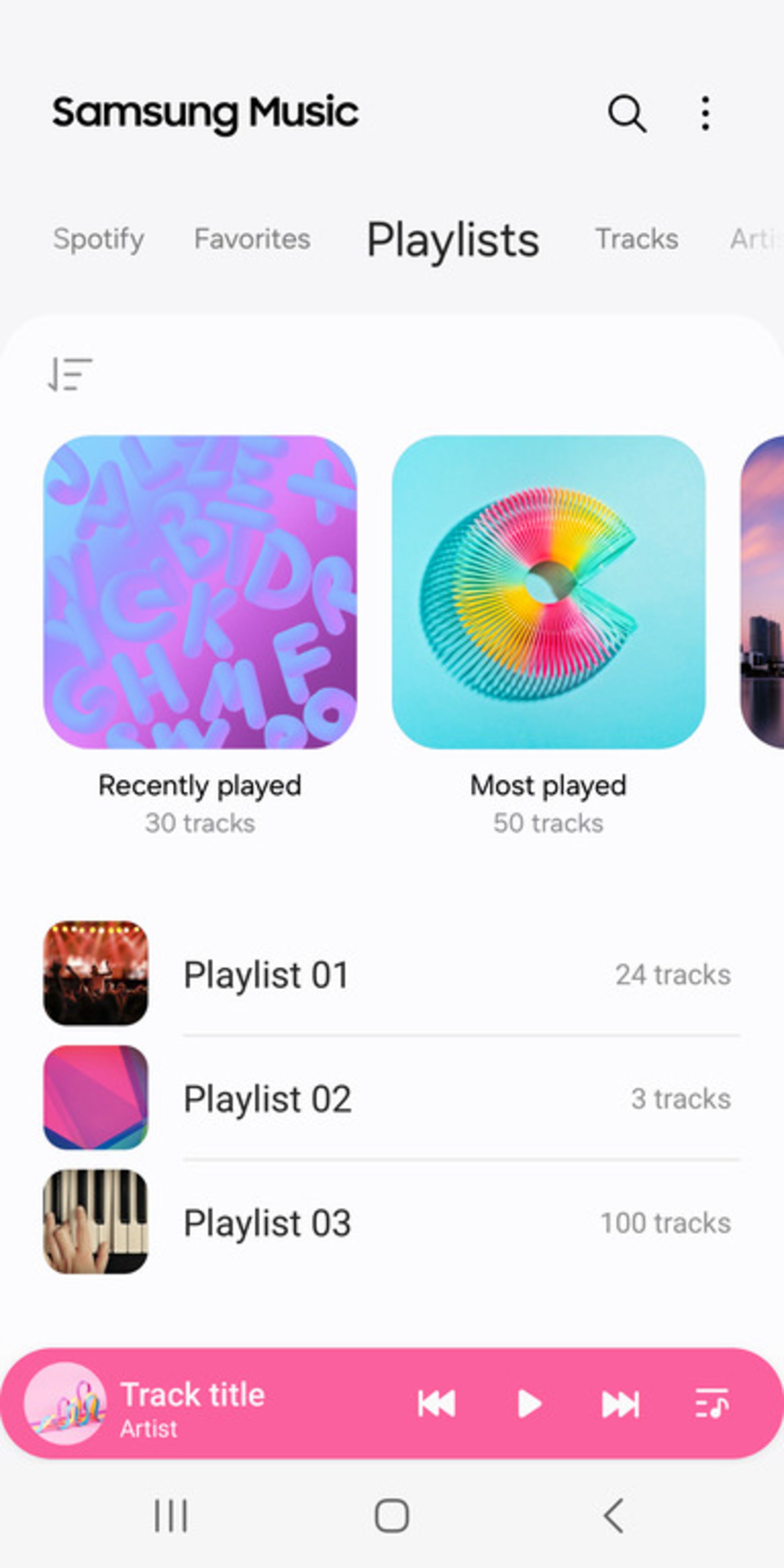 منوی پلی‌لیست در Samsung Music با نمایش آهنگ‌ها و گزینه‌های مدیریت لیست