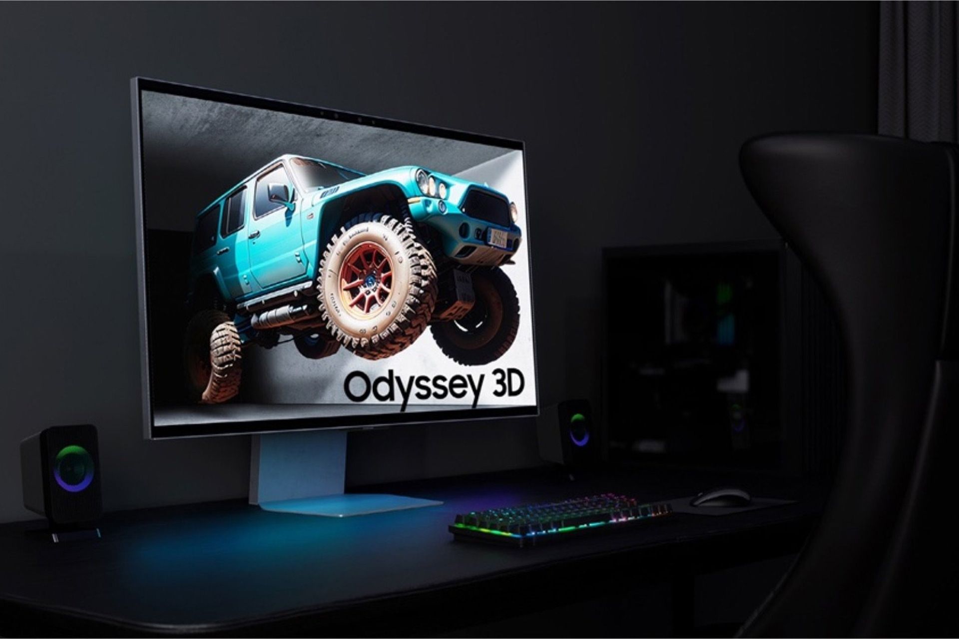 مانیتور گیمینگ سامسونگ Odyssey 3D روی میز درحال اجرای بازی