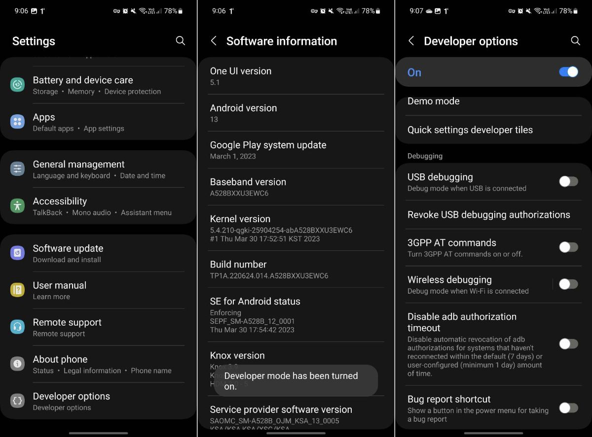 Samsung phone settings page developer section