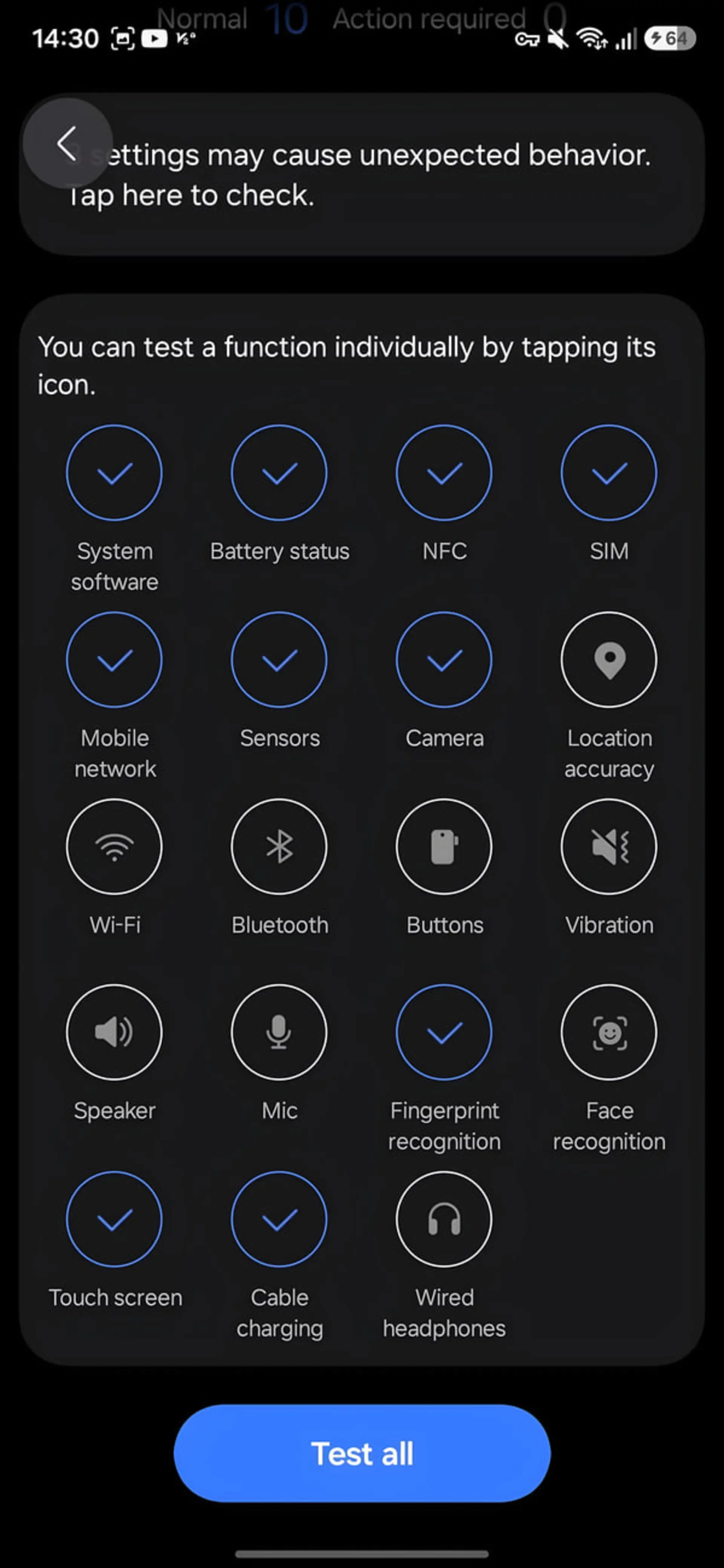 منوی تست سختافزار و عیبیابی در گوشی سامسونگ (Samsung)