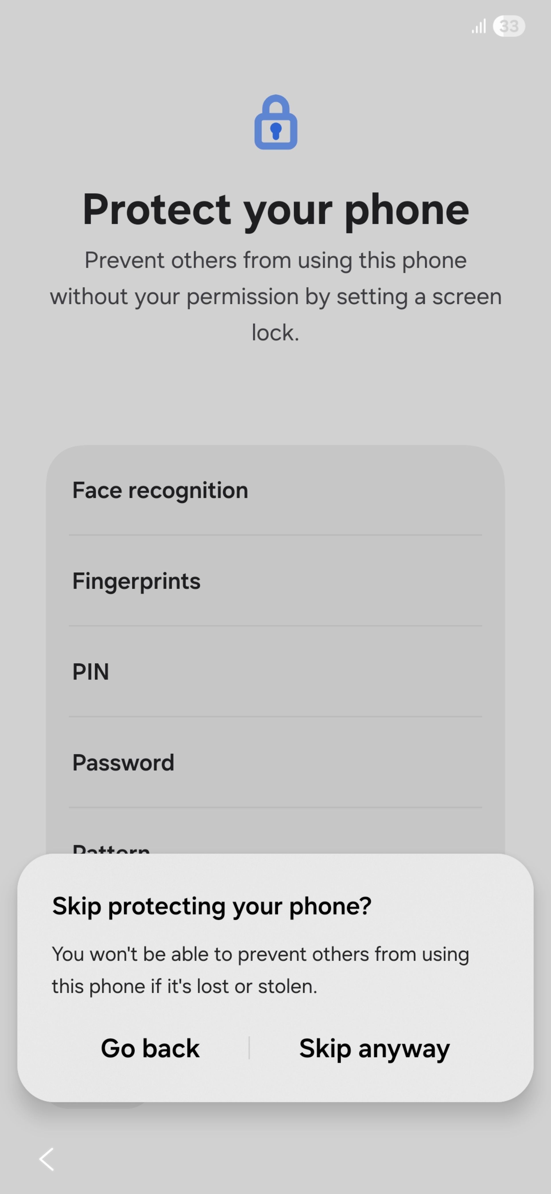 صفحه‌ی تنظیمات رمز عبور گوشی سامسونگ