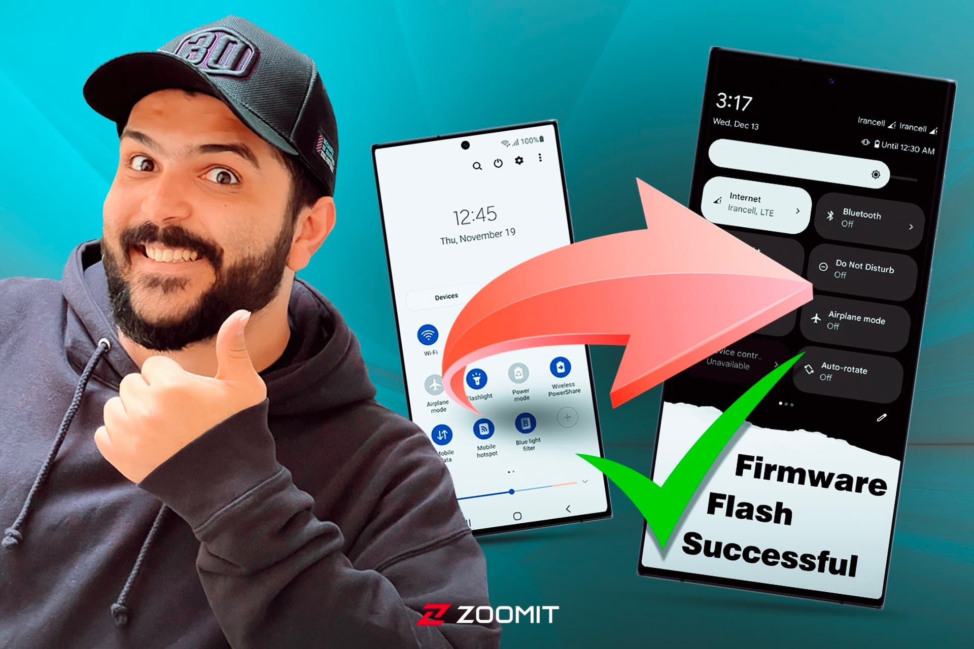 پسر جوان خوشحال با کلاه و هودی مشکی در کنار گوشی سامسونگ