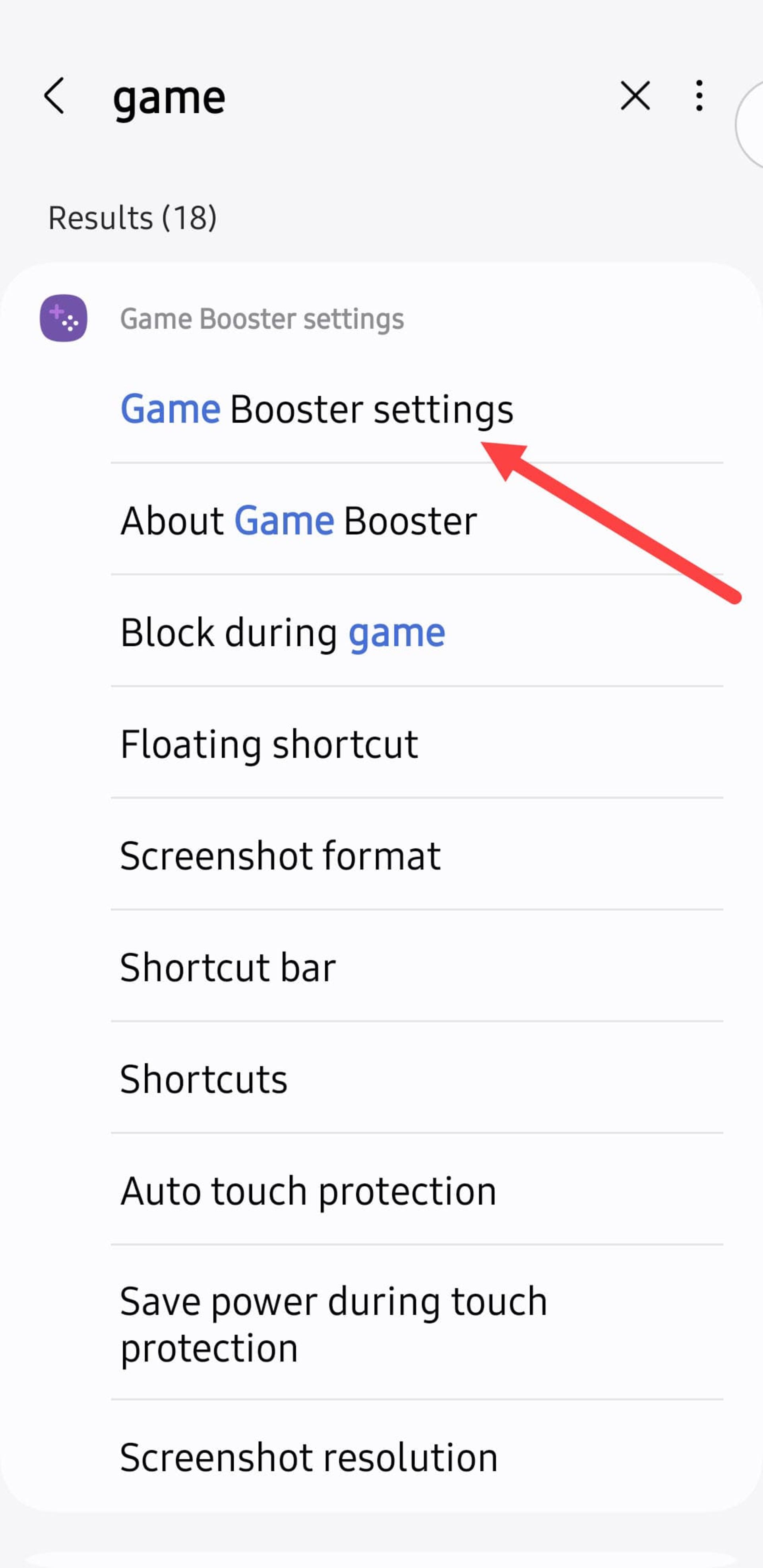 جستجو Game Booster Settings در تنظیمات گوشی سامسونگ