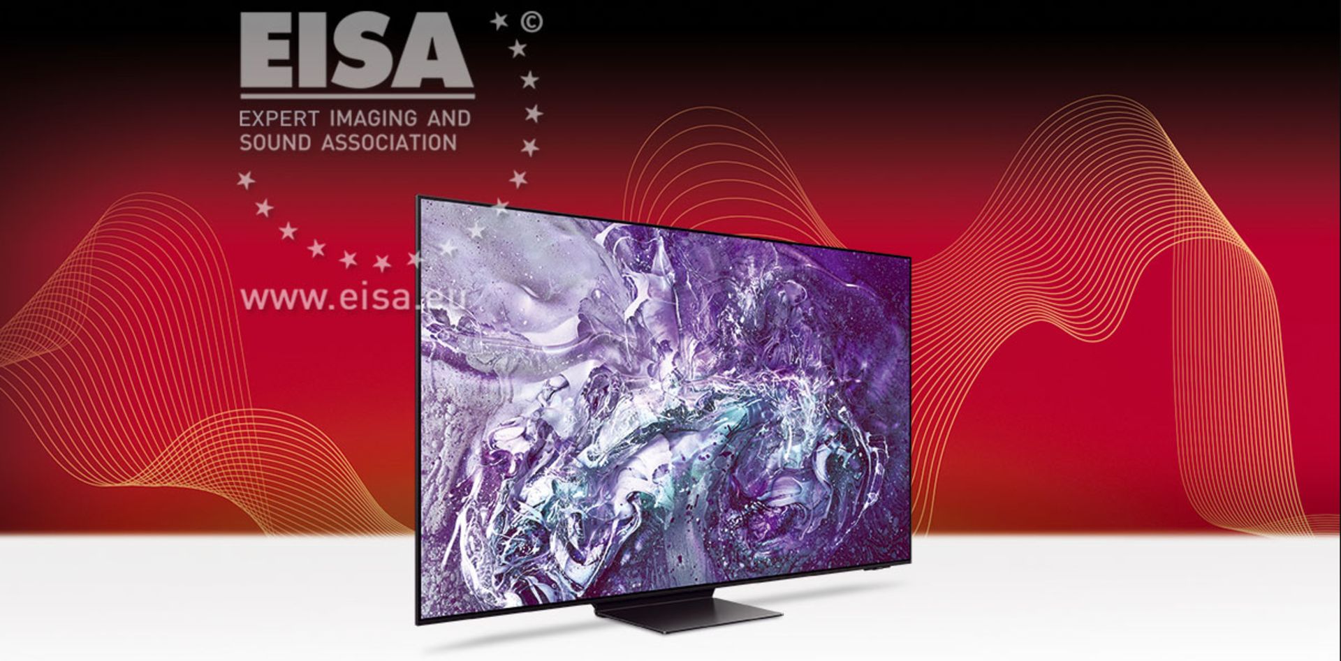 یک تلویزیون از نمای سه رخ با بکگراند قرمز و سفید