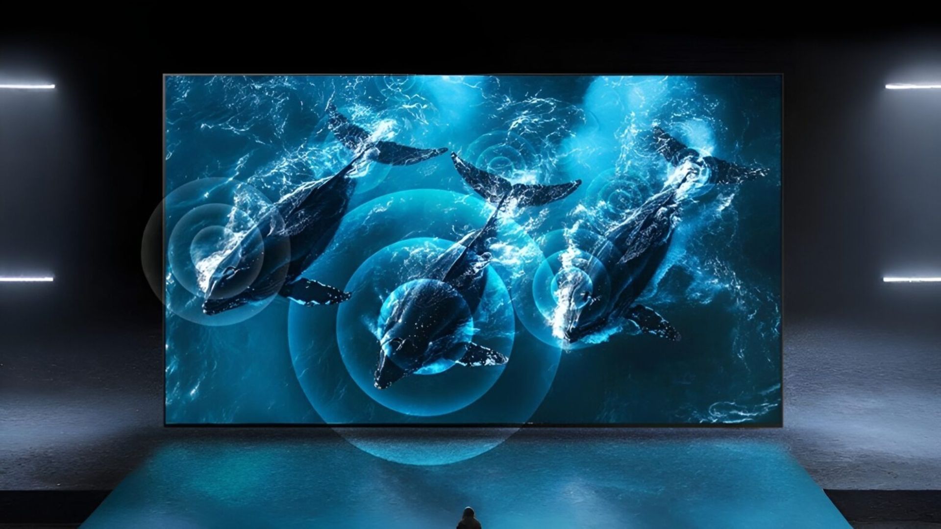 تلویزیون مینی LED سری QN80F سامسونگ در حال نمایش نهنگ در دریا نمای جلو