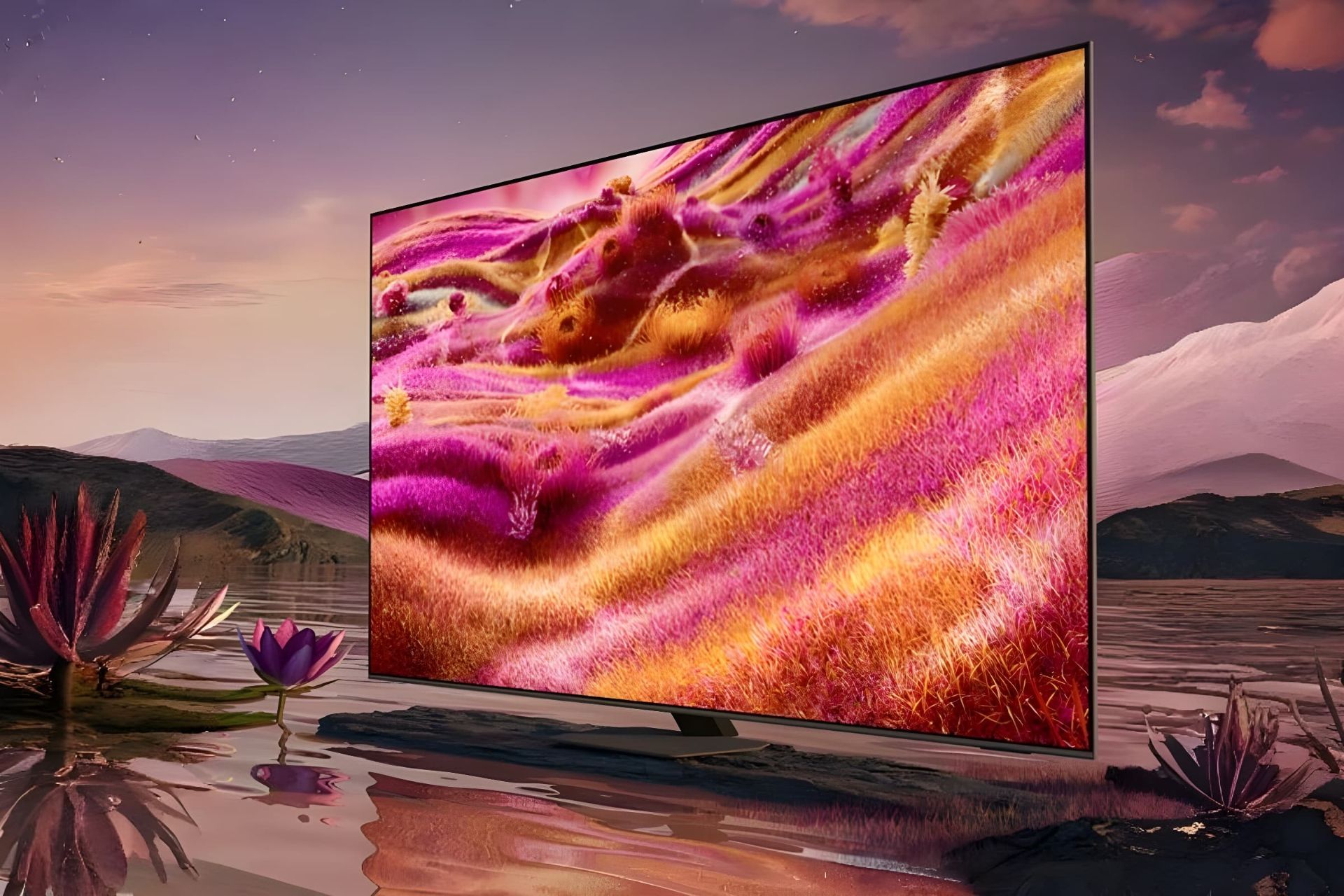 تلویزیون Mini LED سامسونگ QN80F از نمای جلو درحال نمایش دشت گل