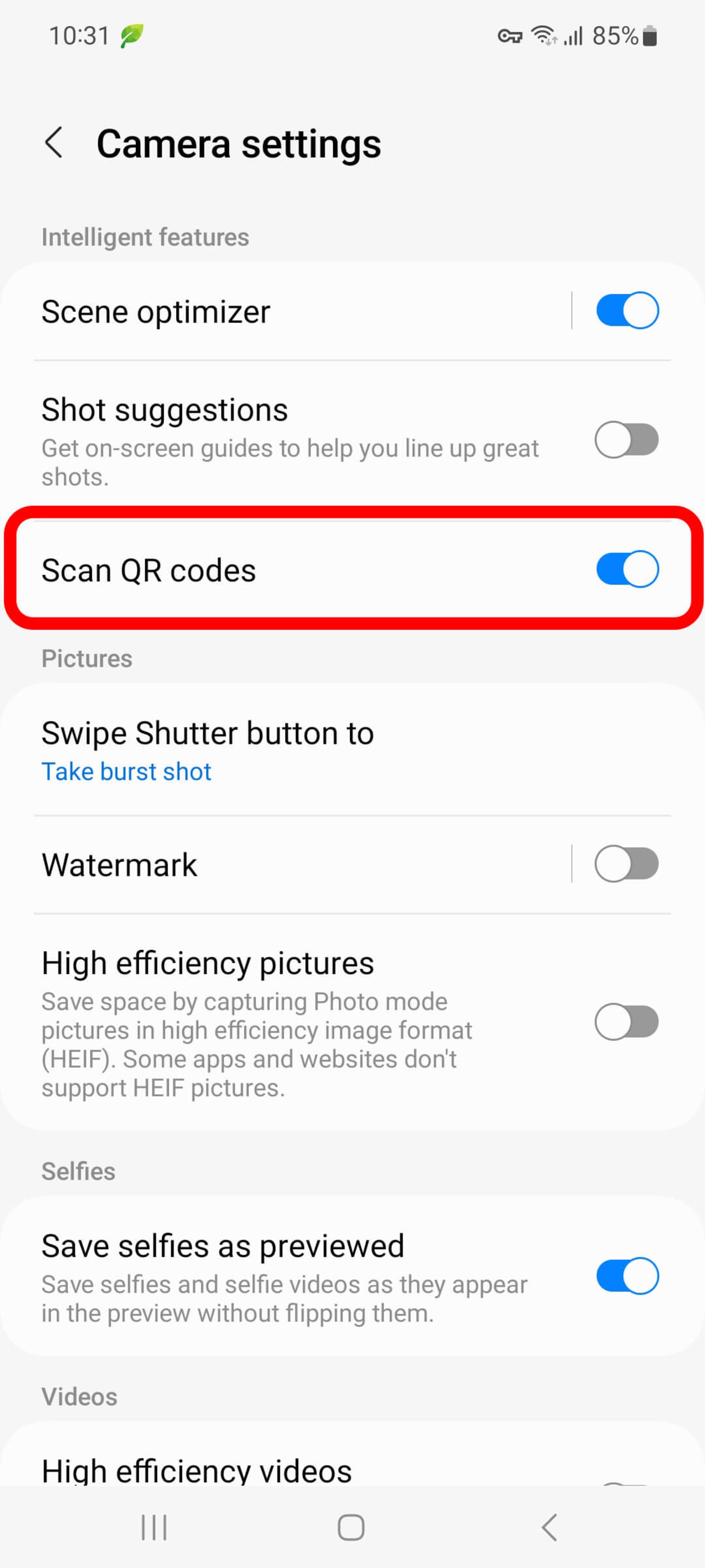روشن کردن دکمه‌ تغییر دهنده وضعیت Scan QR codes (اسکن کدهای QR)