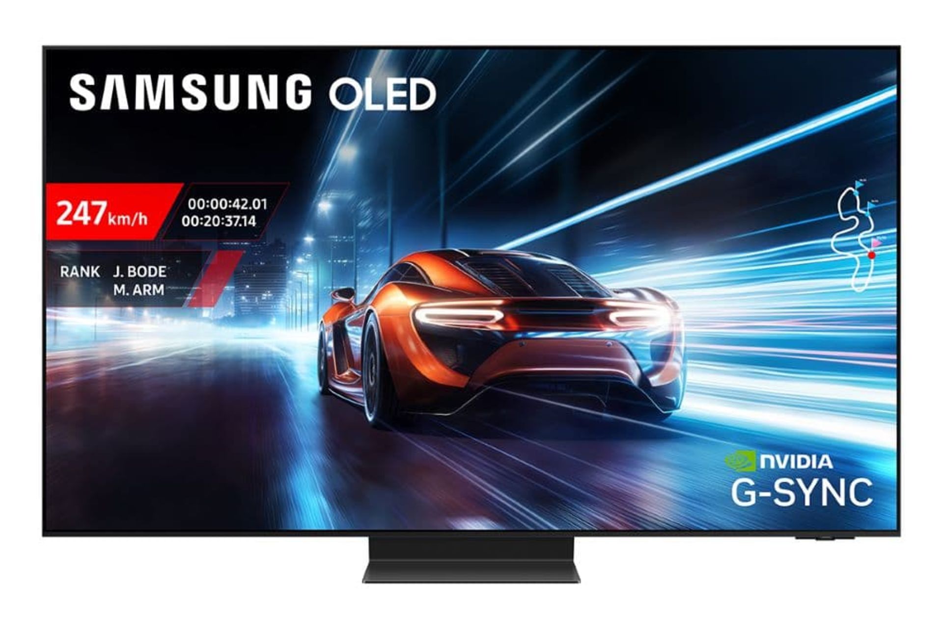 نمای جلو تلویزیون QD-OLED S95F سامسونگ در حال نمایش خودرو