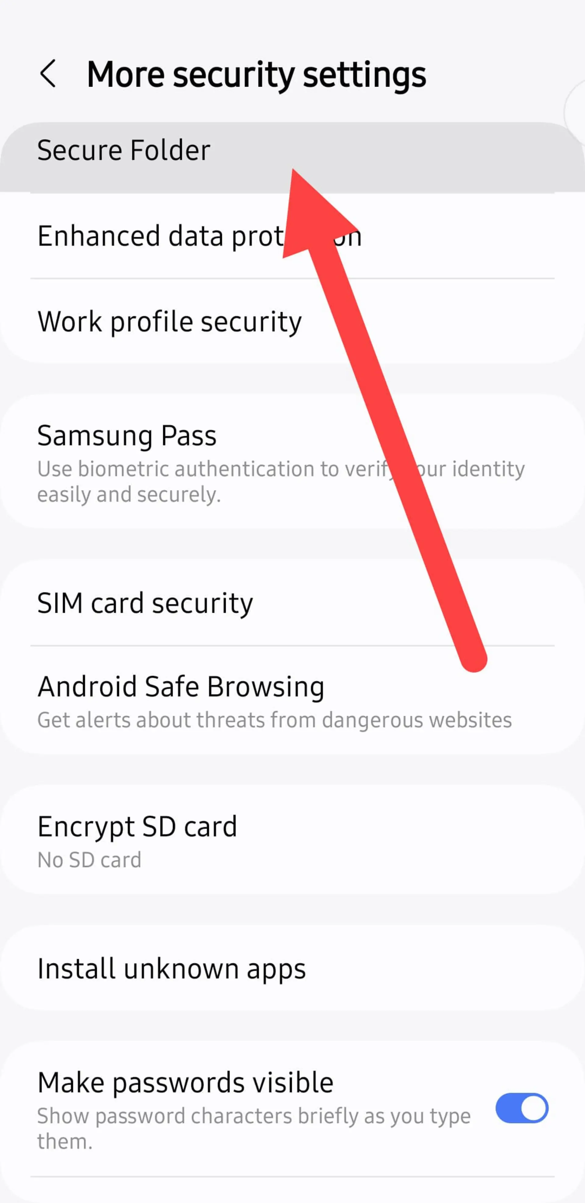 Secure Folder در تنظیمات گوشی سامسونگ