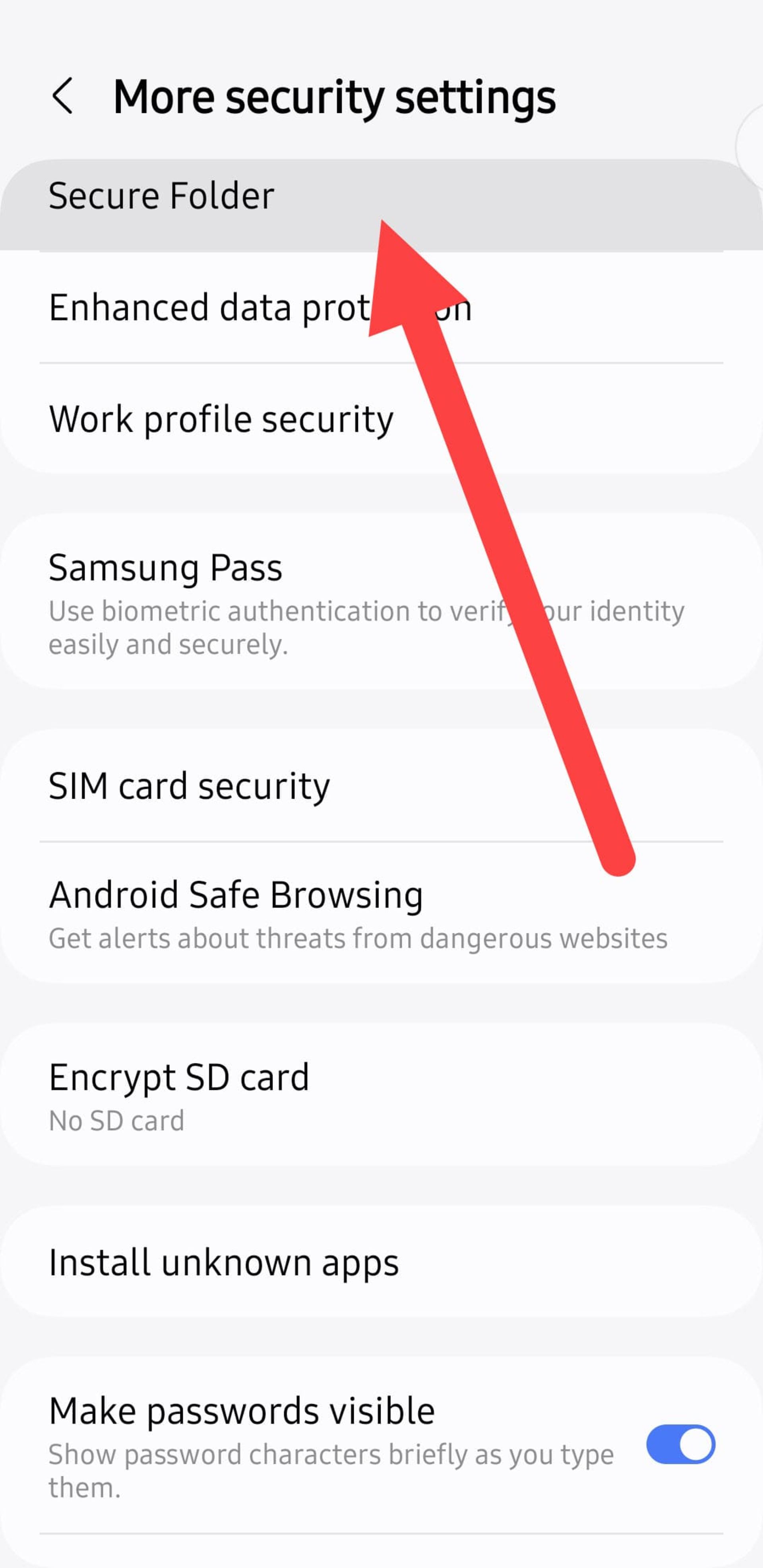Secure Folder در تنظیمات گوشی سامسونگ