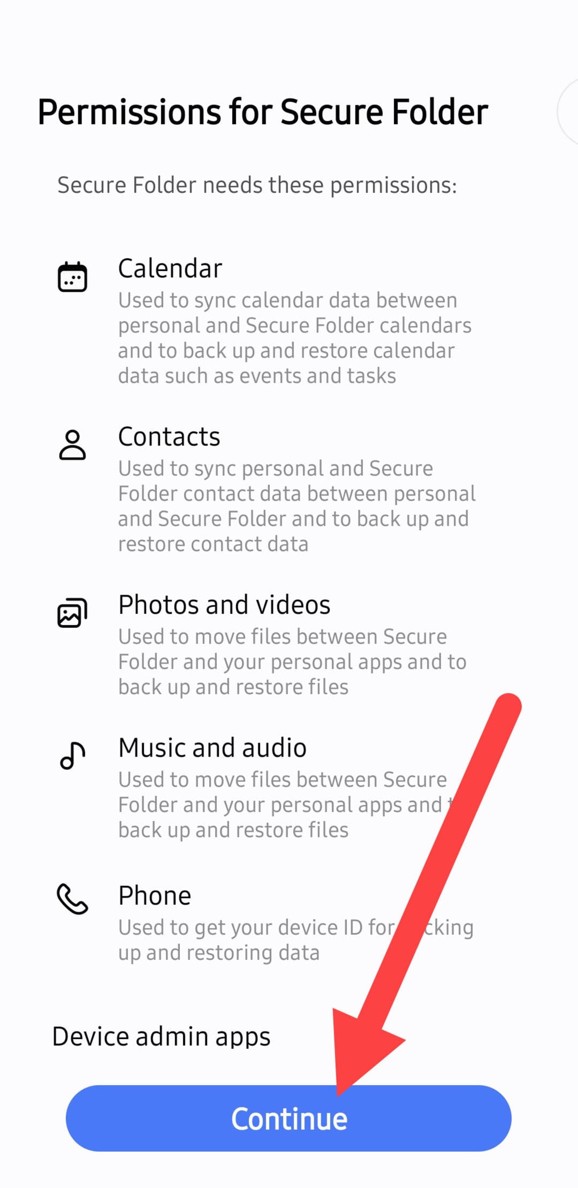 Secure Folder permissions in Samsung phone settings