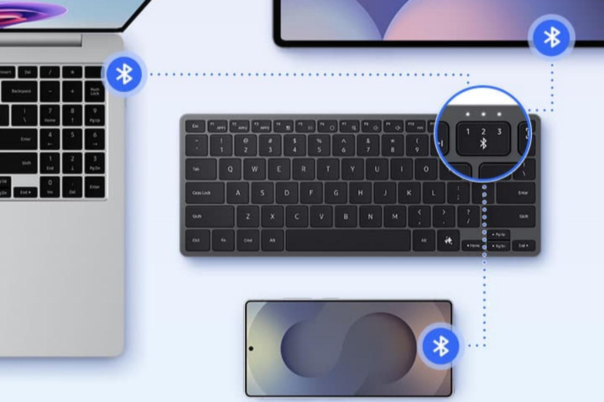 کیبورد Samsung Smart Keyboard درحال جفت‌شدن با گوشی، تبلت و لپ‌تاپ گلکسی