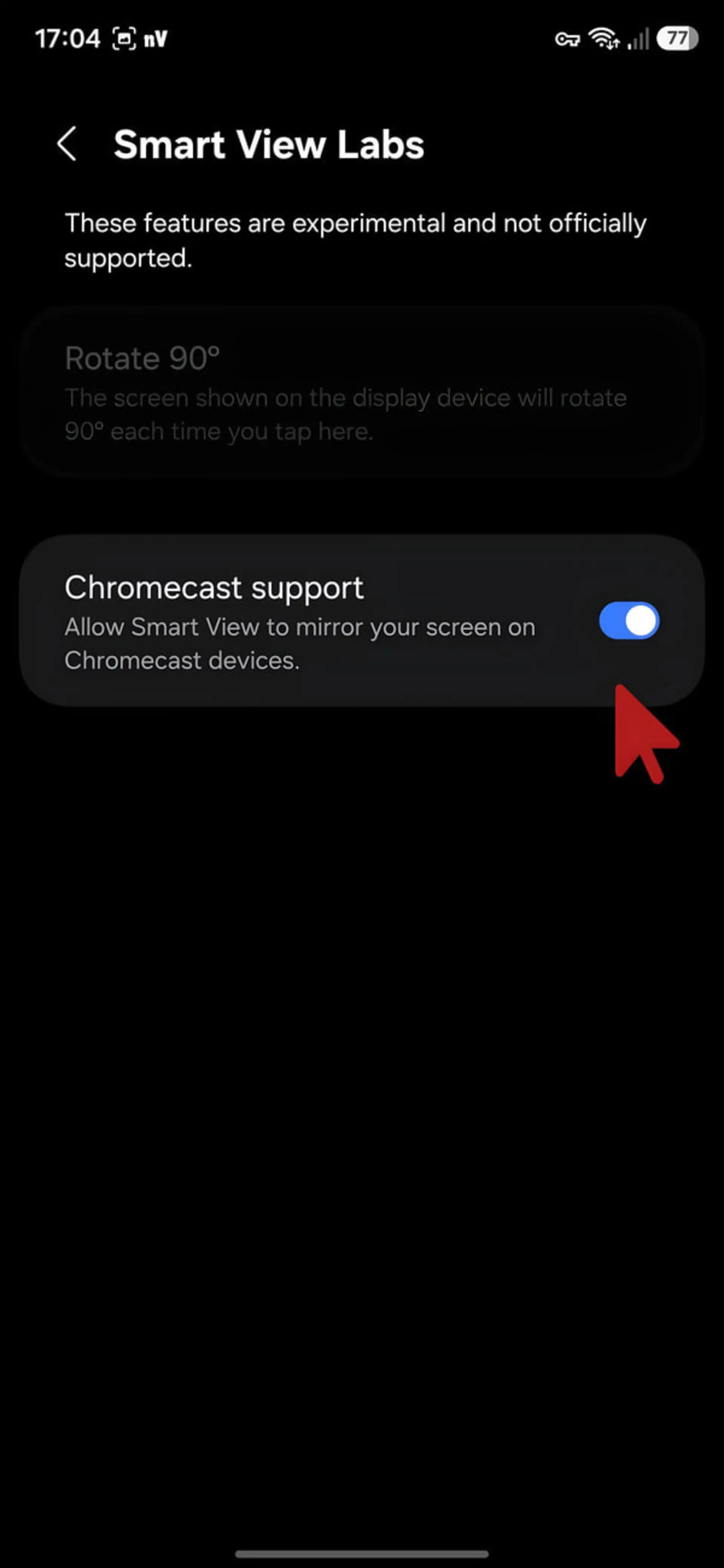 گزینه فعالسازی پشتیبانی از کرومکست (Chromecast) در منوی Smart View Labs گوشی سامسونگ