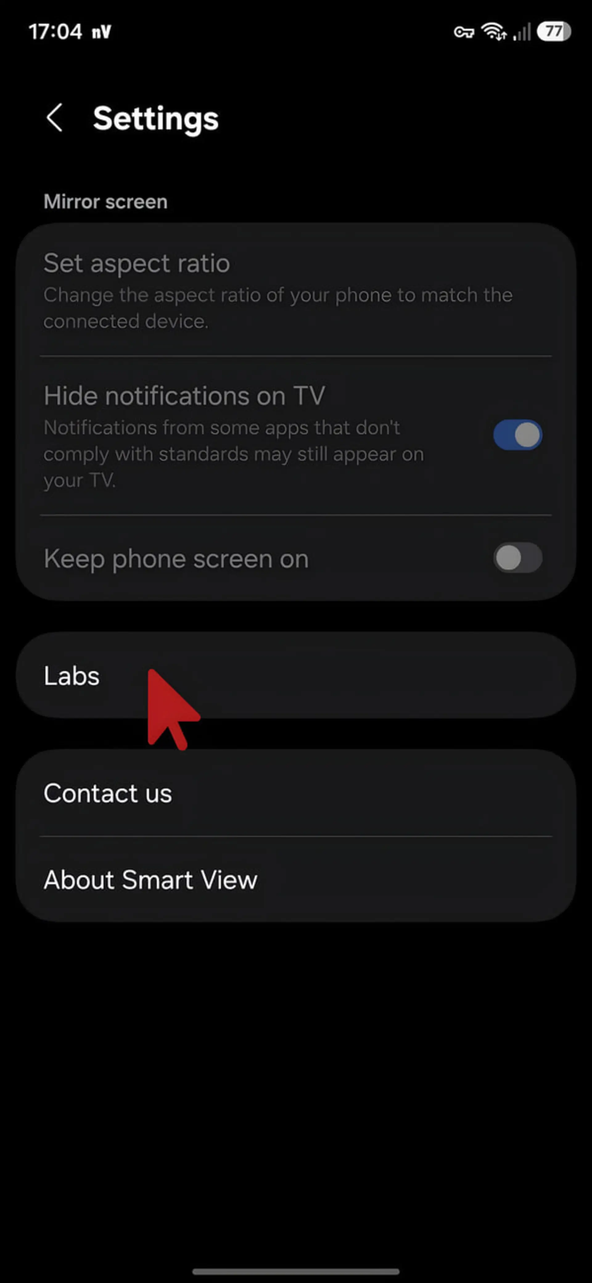 منوی تنظیمات Smart View در گوشی سامسونگ برای اتصال به تلویزیون