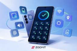 نمای گوشی سامسونگ (Samsung) همراه با آیکون‌های مختلف سخت‌افزار و نرم‌افزار