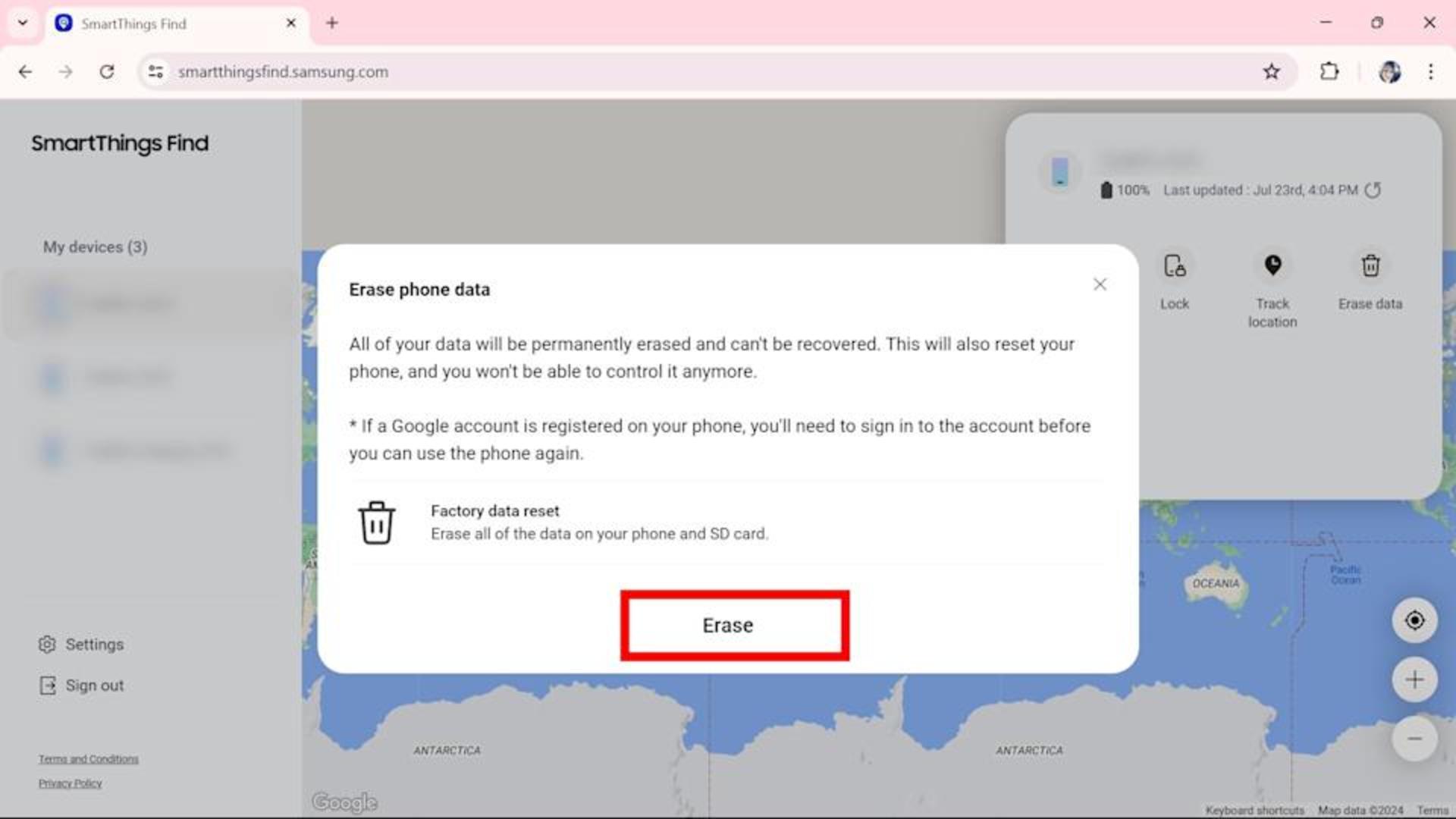تأیید حذف کامل اطلاعات دستگاه در SmartThings Find پس از انتخاب دیوایس