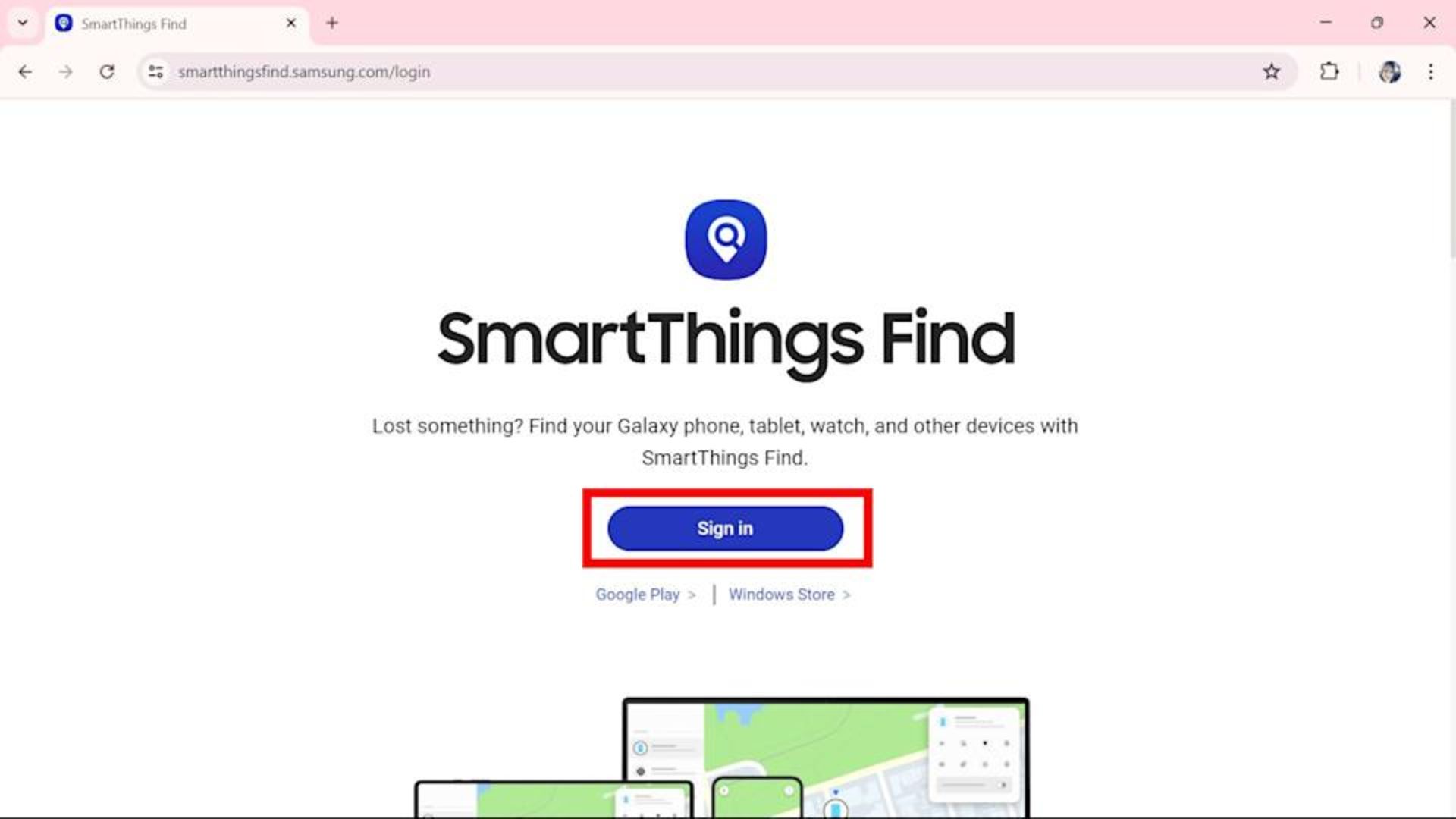 منوی ورود به سایت SmartThings Find برای وارد شدن به اکانت Samsung