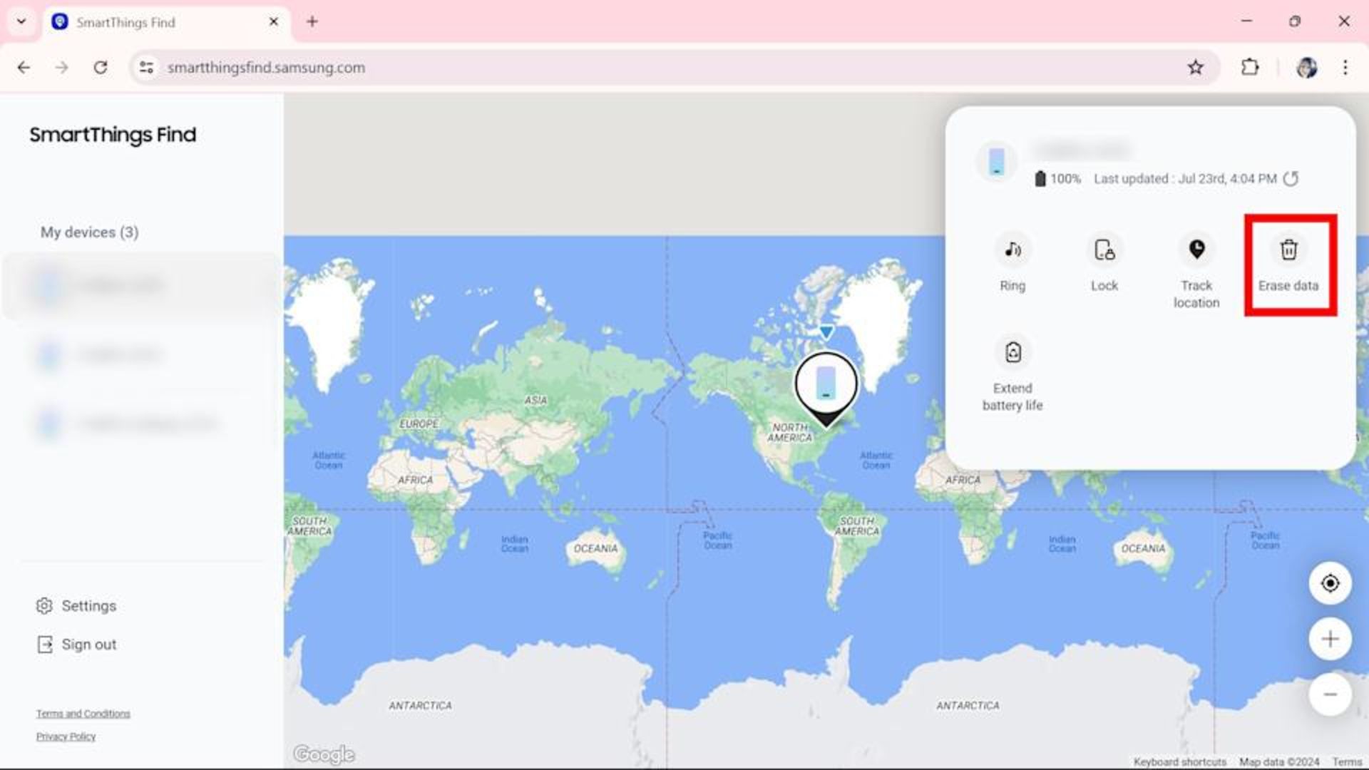 منوی اصلی SmartThings Find با نمایش دستگاه‌های متصل به حساب سامسونگ