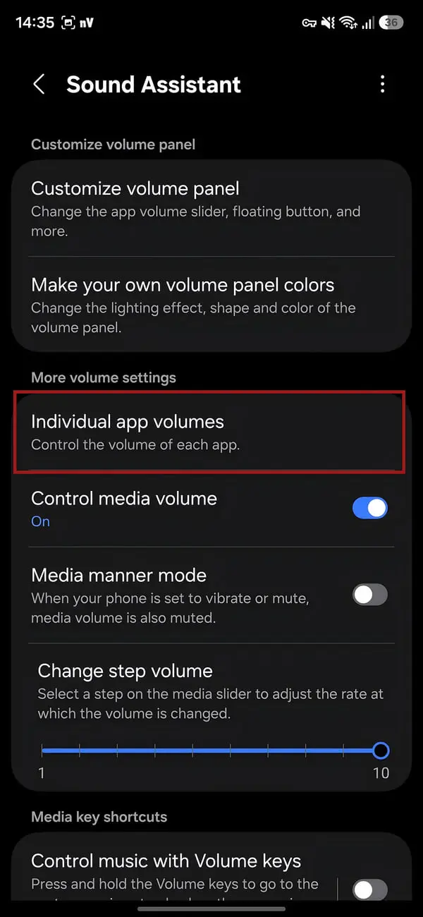 تنظیمات بخش Individual app volumes در منوی Sound Assistant گوشی سامسونگ