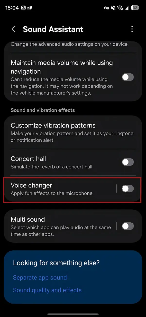 منوی تنظیمات Voice changer در بخش Sound Assistant گوشی سامسونگ