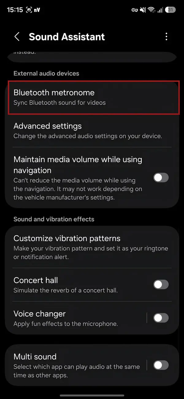 منوی تنظیمات Sound Assistant در گوشی گلکسی با گزینه بلوتوث مترونوم