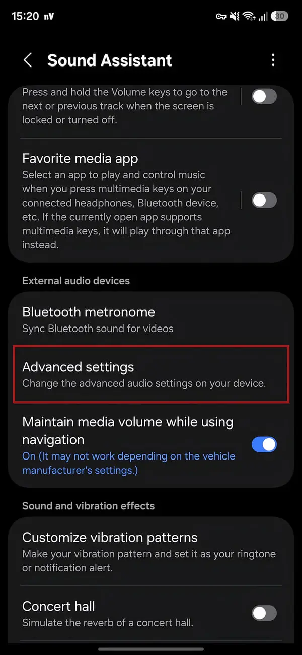 منوی تنظیمات پیشرفته (Advanced settings) در بخش Sound Assistant گوشی سامسونگ