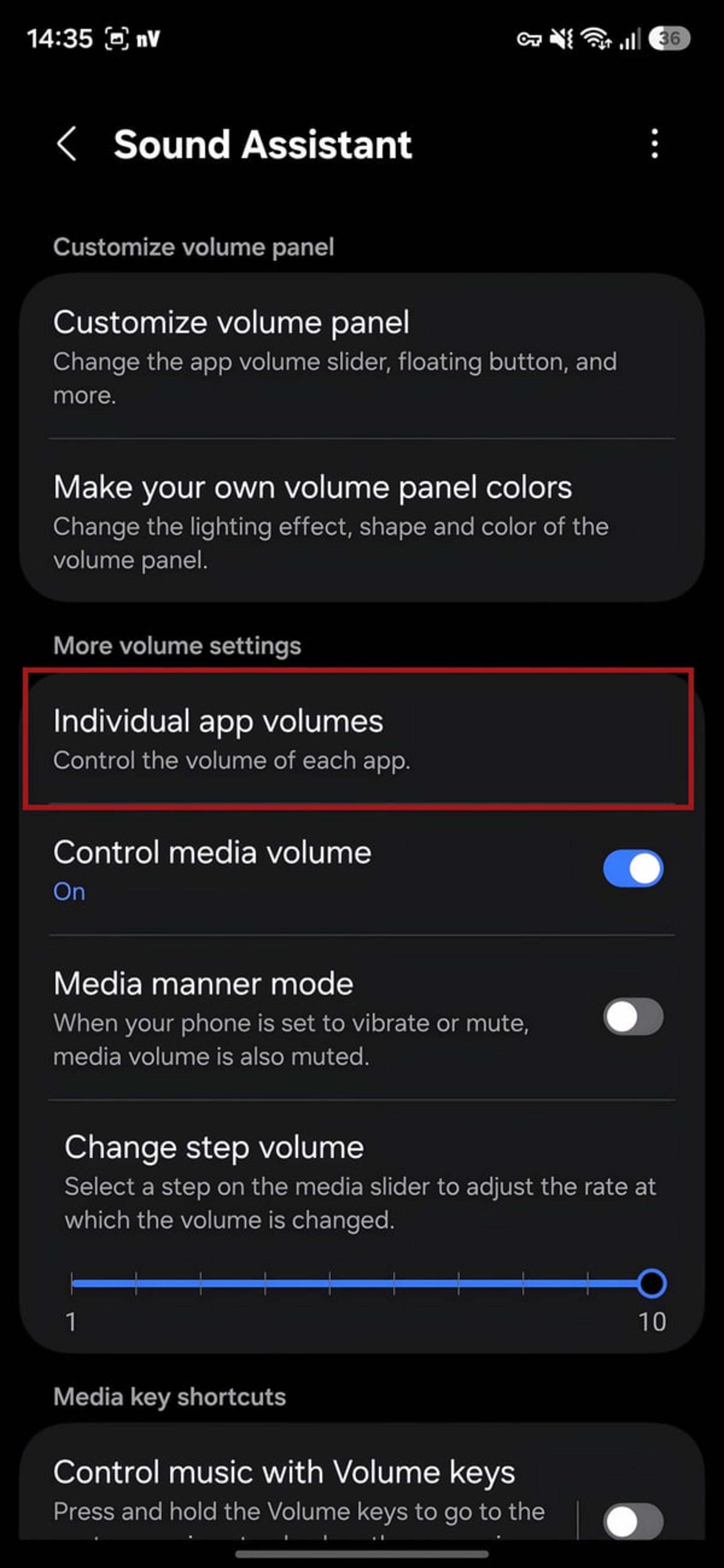 تنظیمات بخش Individual app volumes در منوی Sound Assistant گوشی سامسونگ