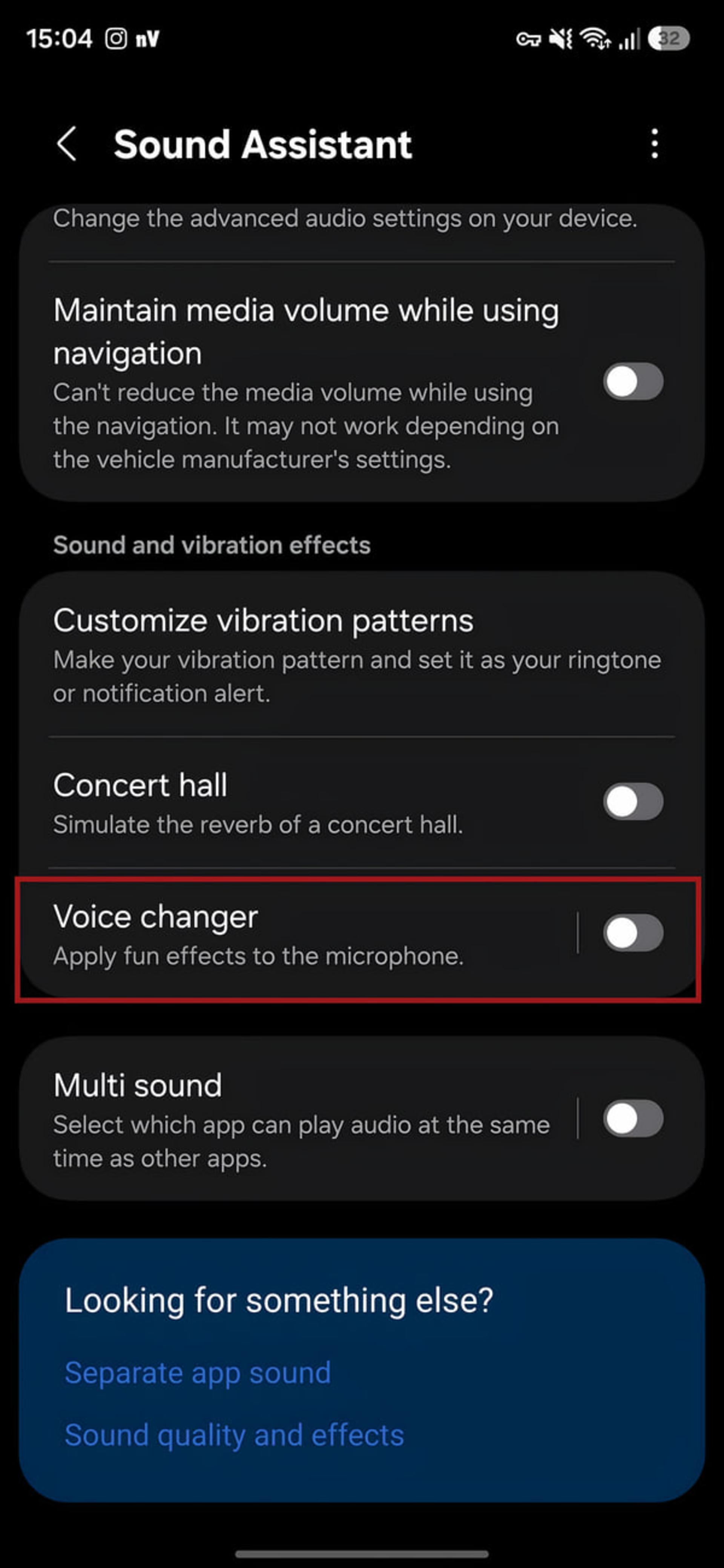 منوی تنظیمات Voice changer در بخش Sound Assistant گوشی سامسونگ