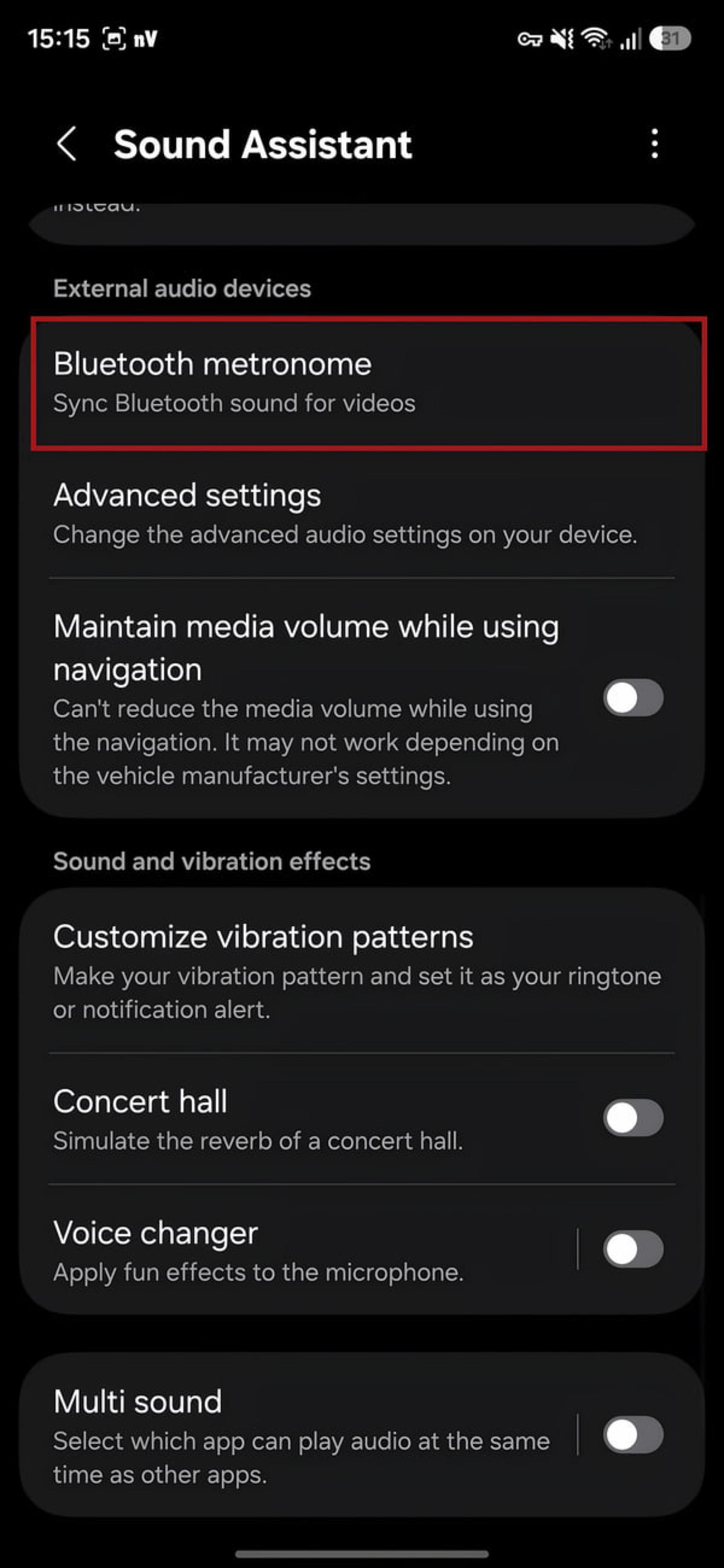 منوی تنظیمات Sound Assistant در گوشی گلکسی با گزینه بلوتوث مترونوم