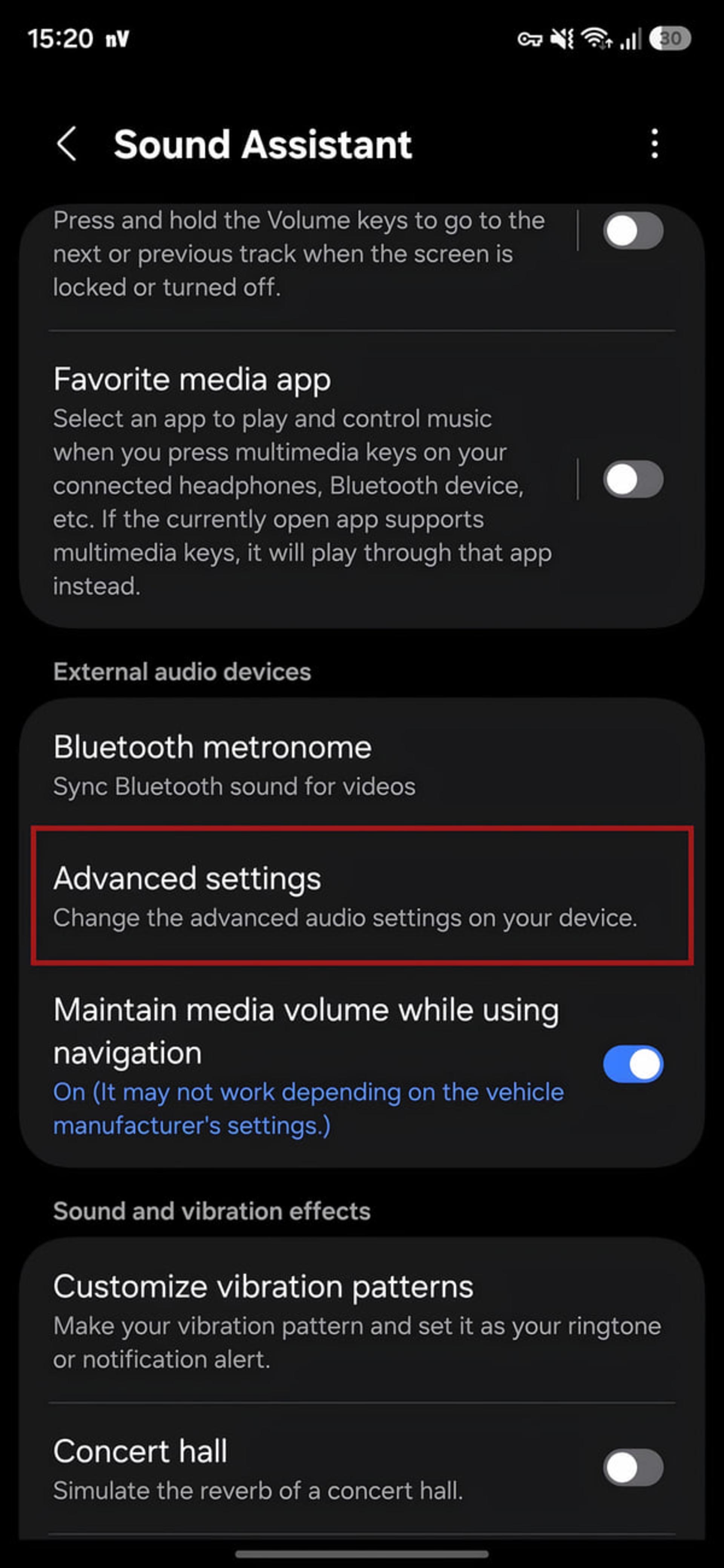 منوی تنظیمات پیشرفته (Advanced settings) در بخش Sound Assistant گوشی سامسونگ