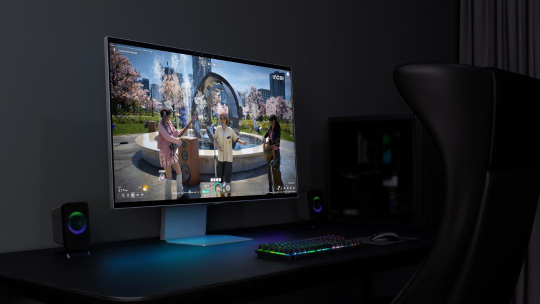 پنل جلویی مانیتور گیمینگ سامسونگ Odyssey 3D روی میز درحال اجرای بازی