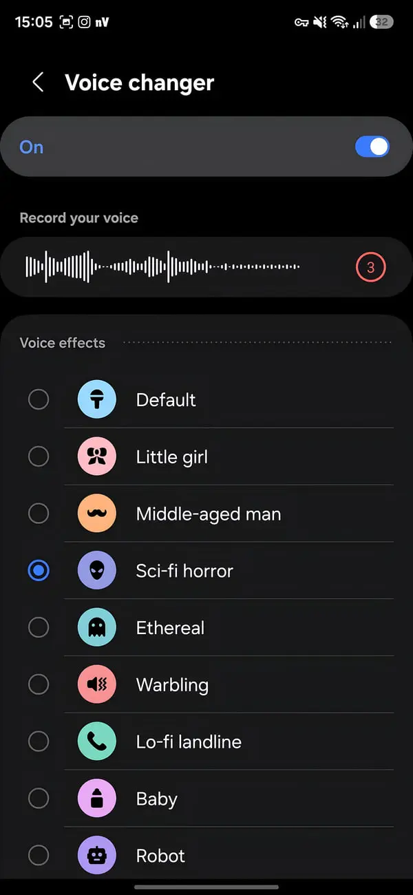 تنظیمات Voice changer در گوشی سامسونگ با افکت Sci-fi horror
