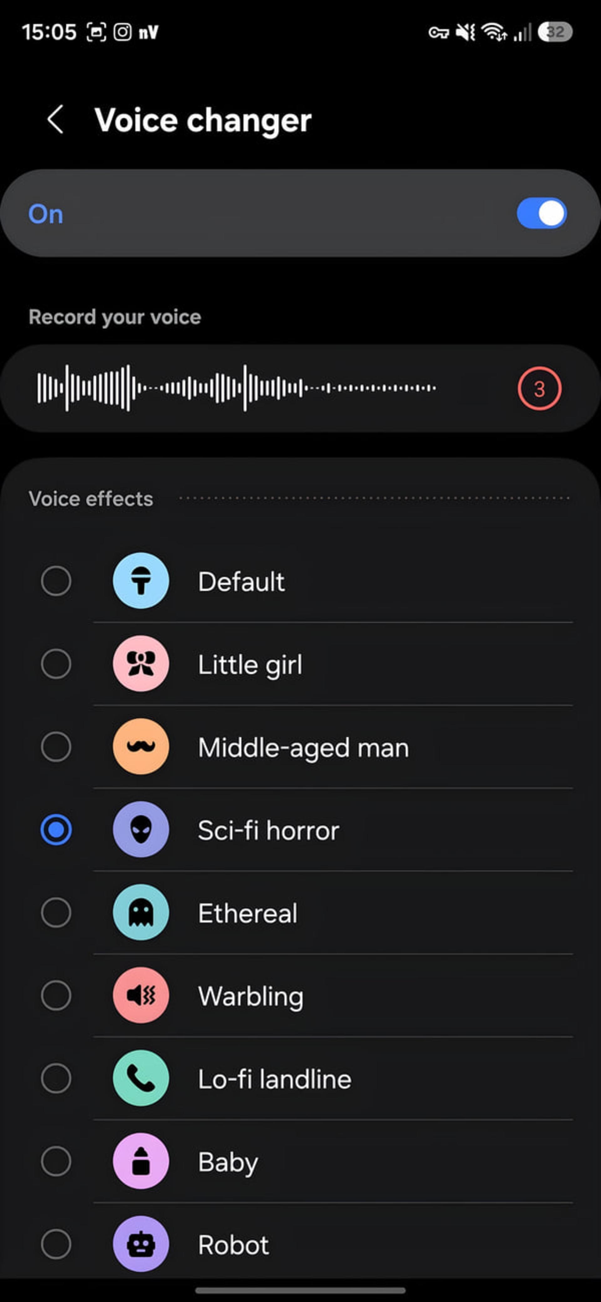 تنظیمات Voice changer در گوشی سامسونگ با افکت Sci-fi horror