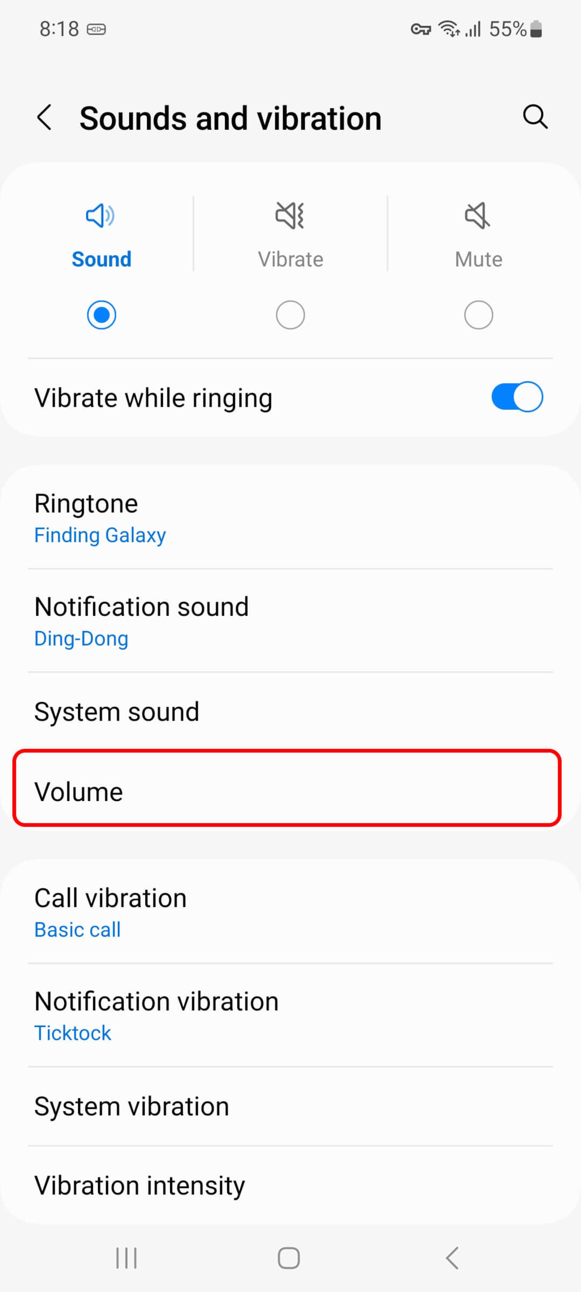 صفحه Sounds and vibration سامسونگ