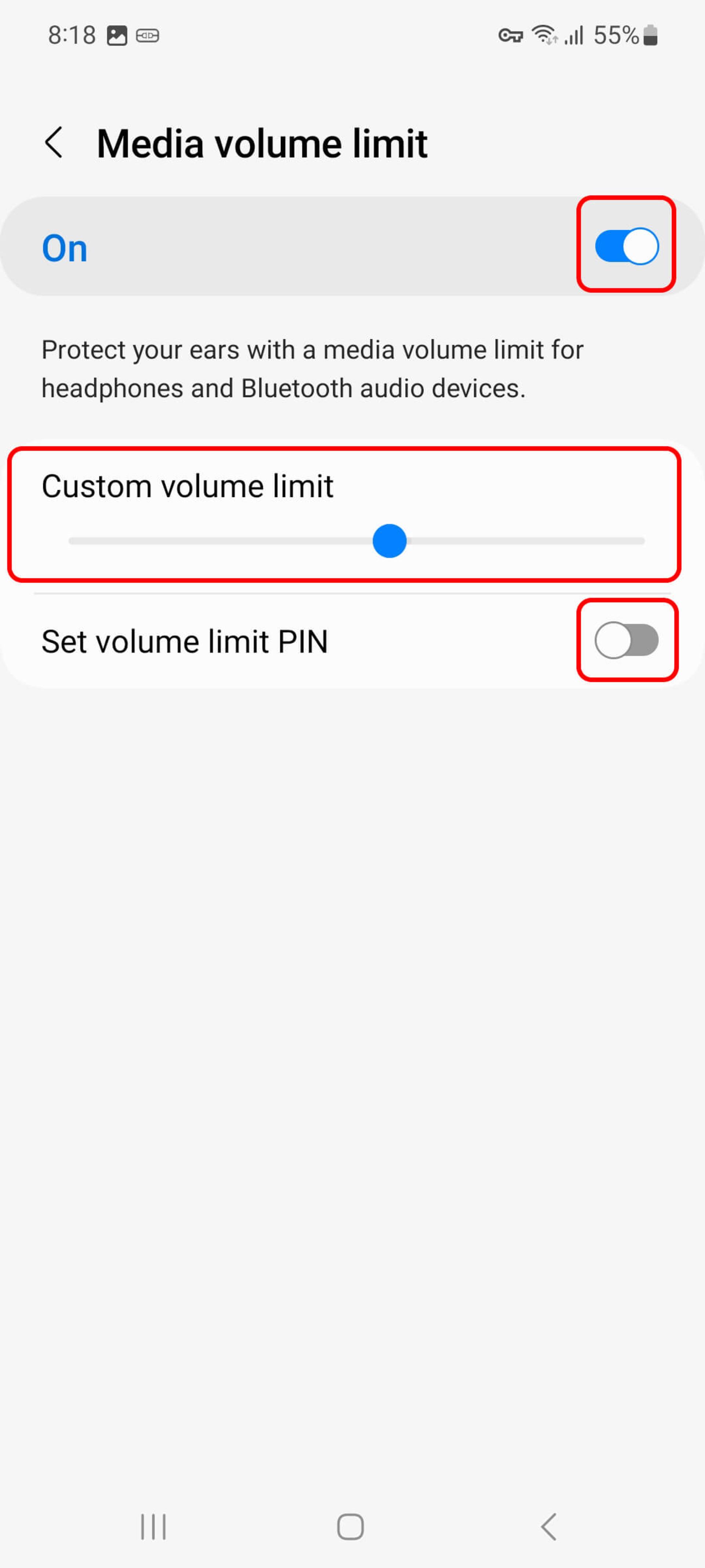روشن کردن دکمه Media volume limit 
