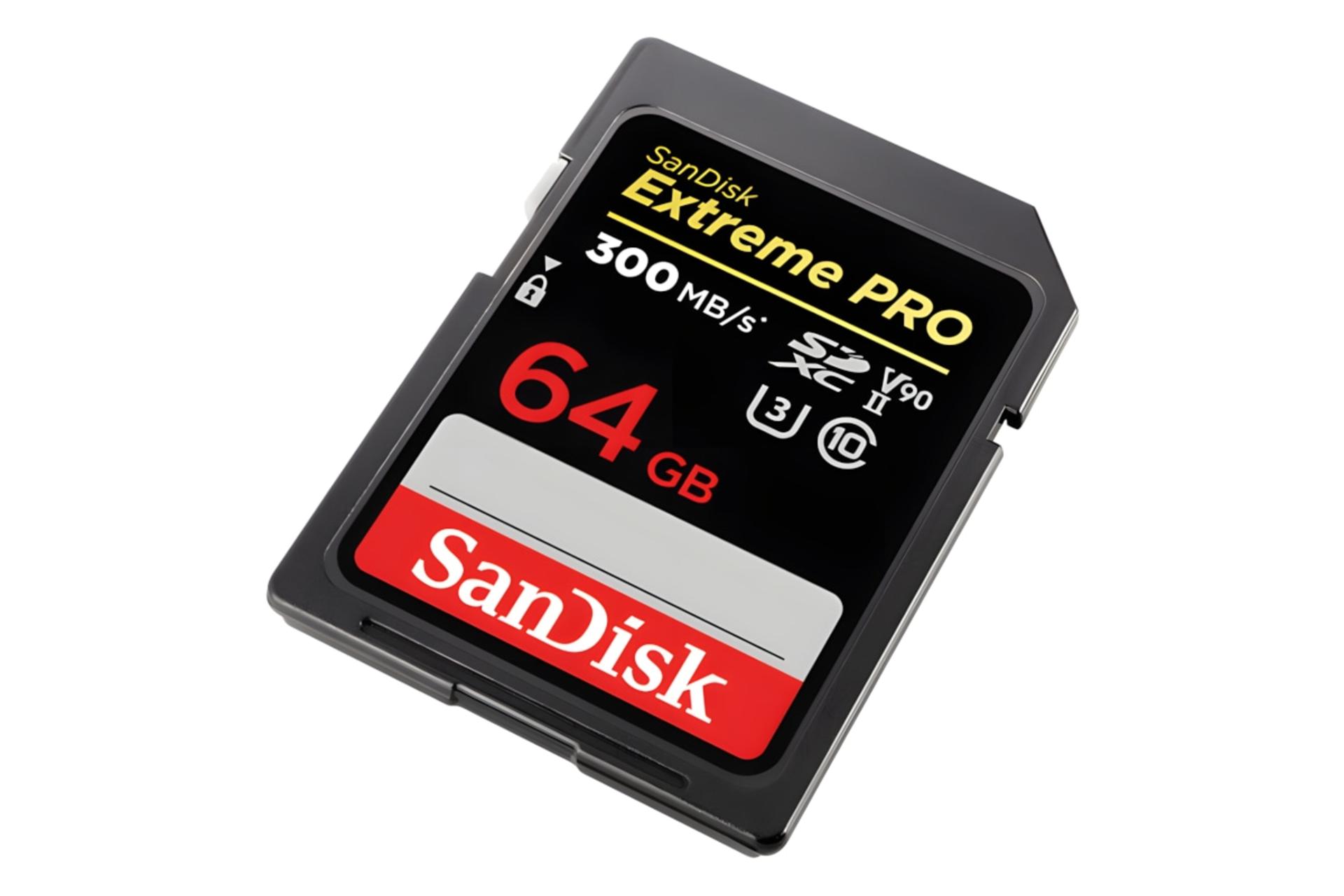 کارت حافظه سن‌دیسک SanDisk Extreme PRO V90 SDXC Class 10 UHS-II U3 64GB 300MBps نمای راست
