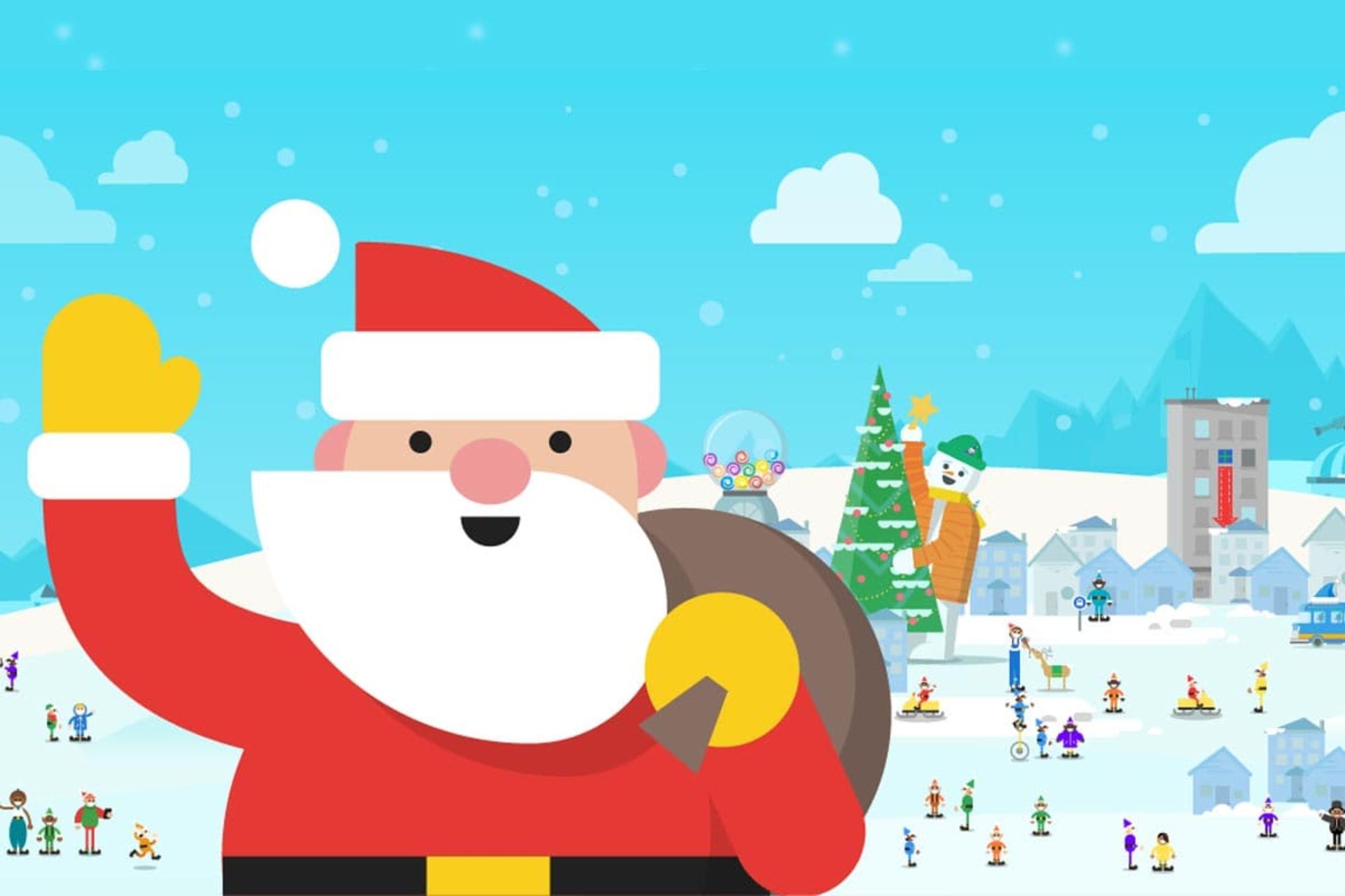 بابانوئل کارتونی با کیسه کادو santa tracker google در حال دست تکان دادن