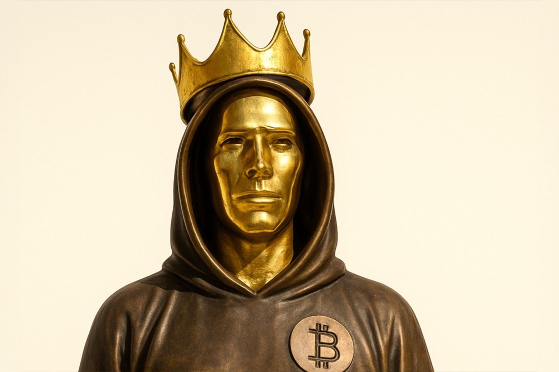 مجسمه‌ای از مرد طلایی با تاج و هودی با لوگو بیت‌کوین