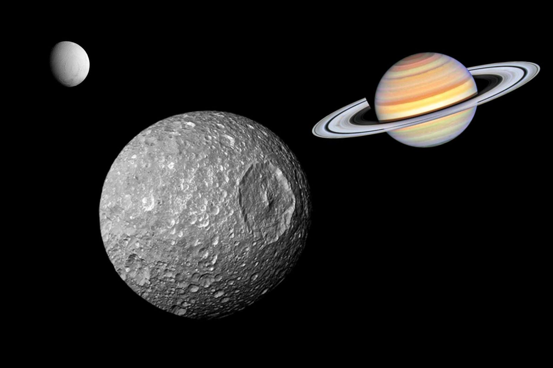 میماس، قمر زحل و غول گازی و انسلادوس در پس‌زمینه