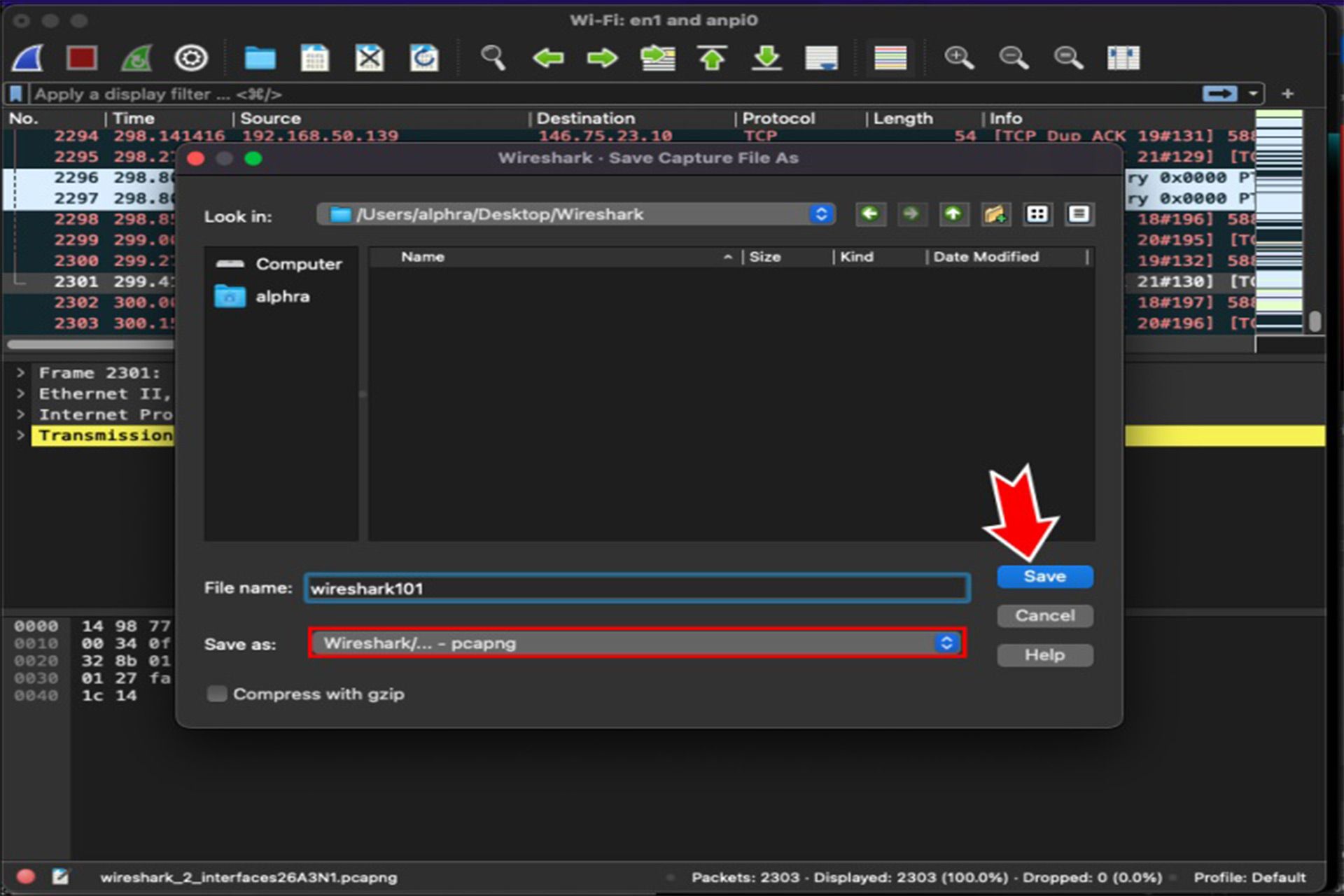 مرحله دوم ذخیره ترافیک جمع آوری شده در نرم افزار Wireshark