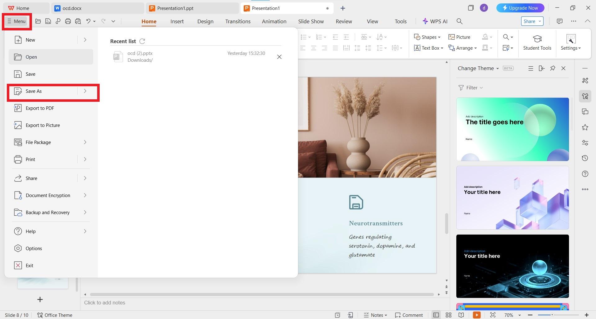 ذخیره فایل پاورپوینت در نرم‌افزار WPS Office