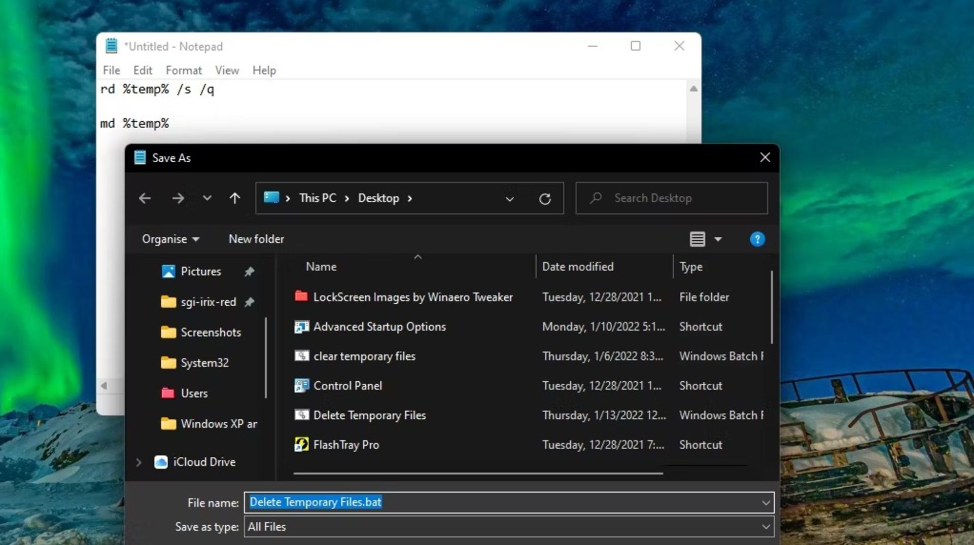 حذف فایل‌های موقت ویندوز 11 با یک فایل ‌Batch