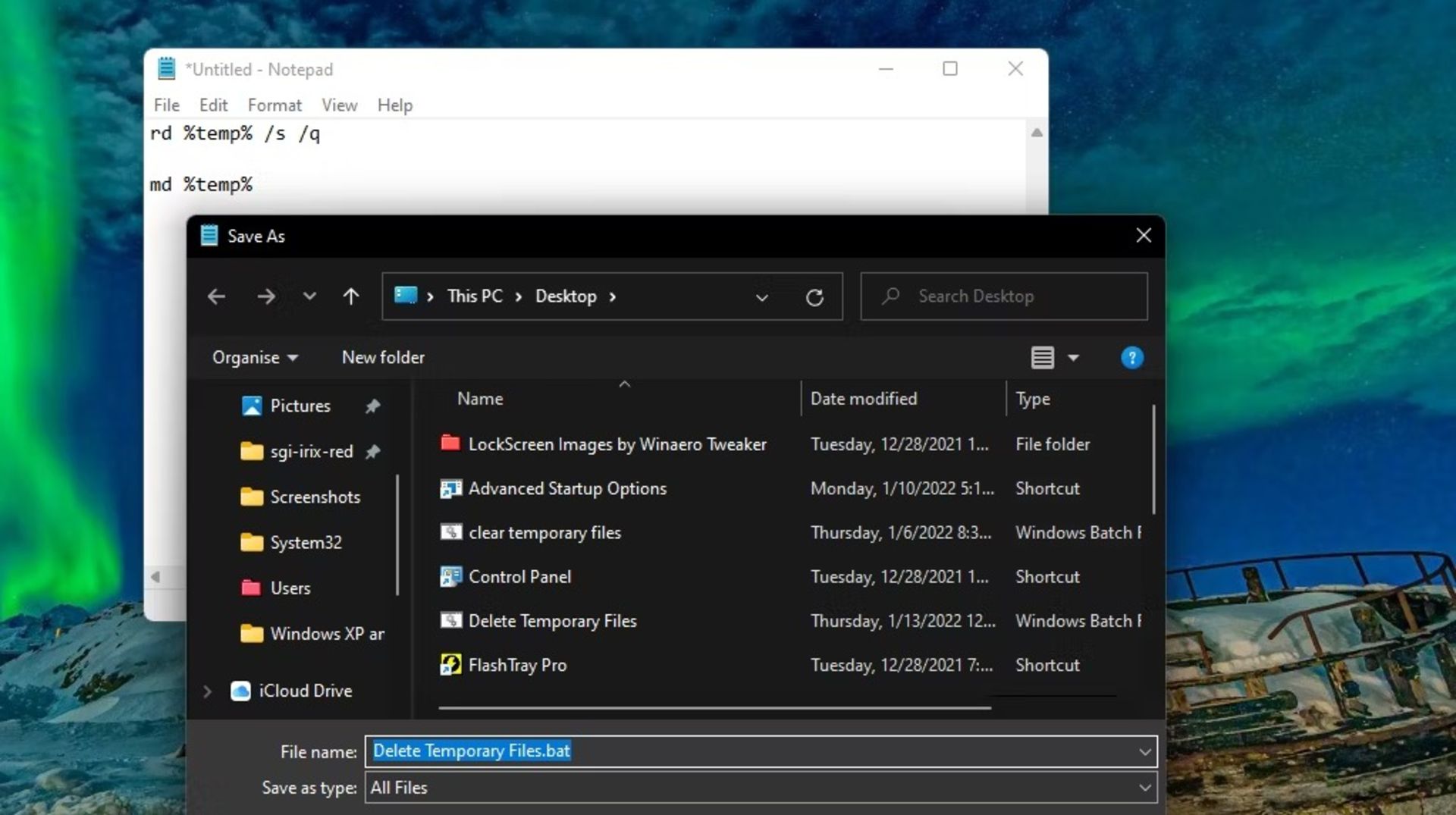 حذف فایل‌های موقت ویندوز 11 با یک فایل ‌Batch