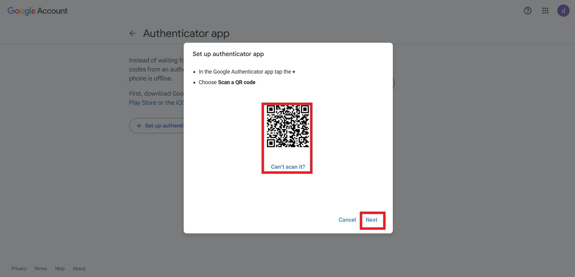 اسکن QR کد در  اپلیکیشن google authenticator