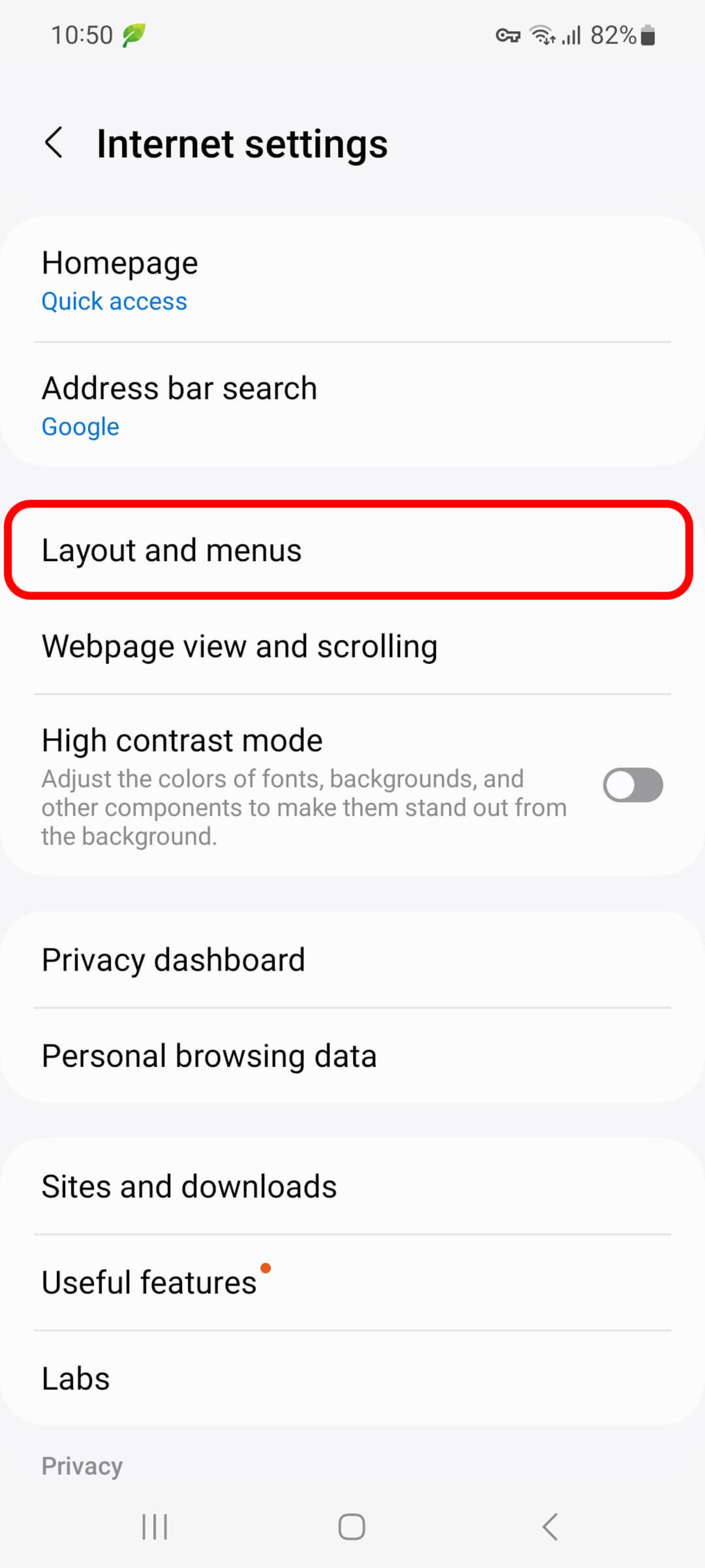 انتخاب Layout and menus در مرورگر سامسونگ