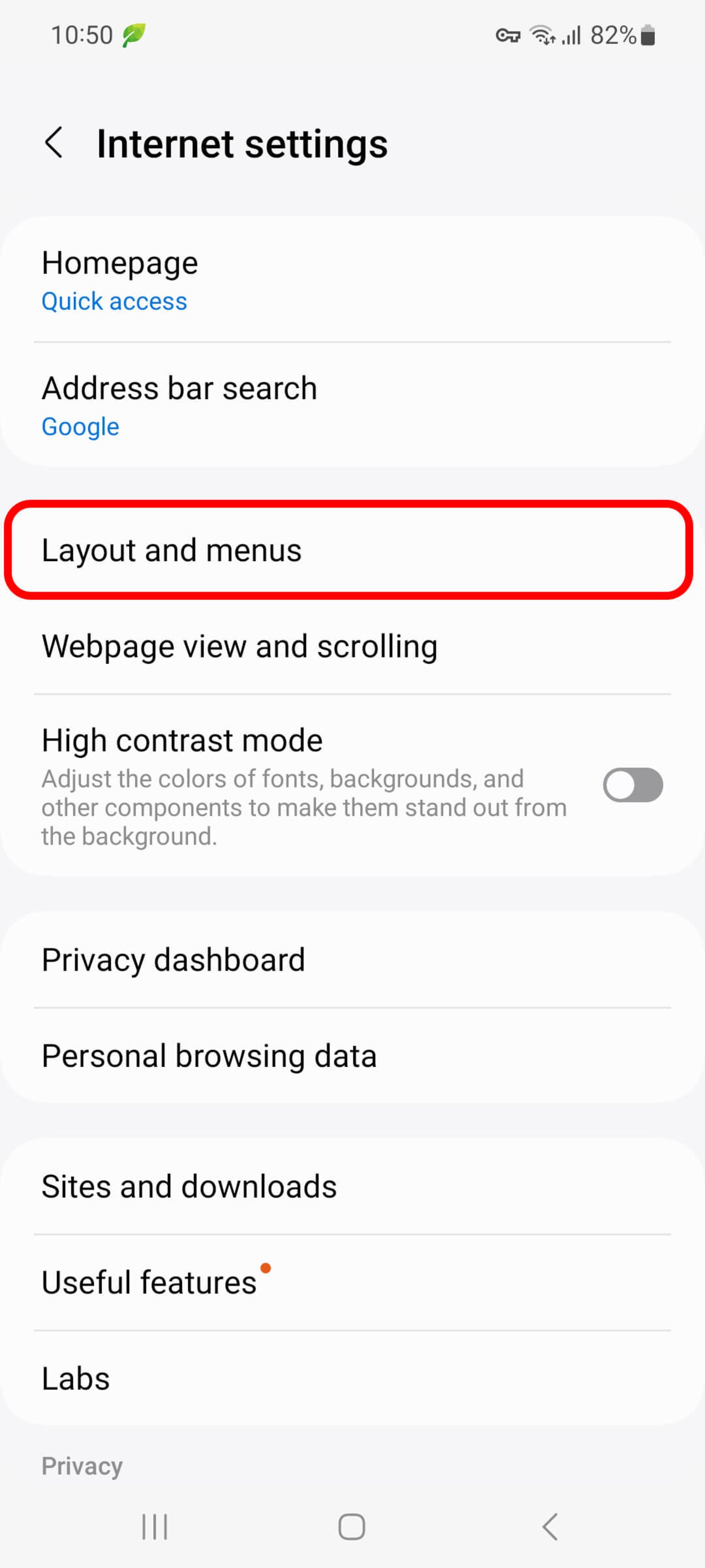 انتخاب Layout and menus در مرورگر سامسونگ