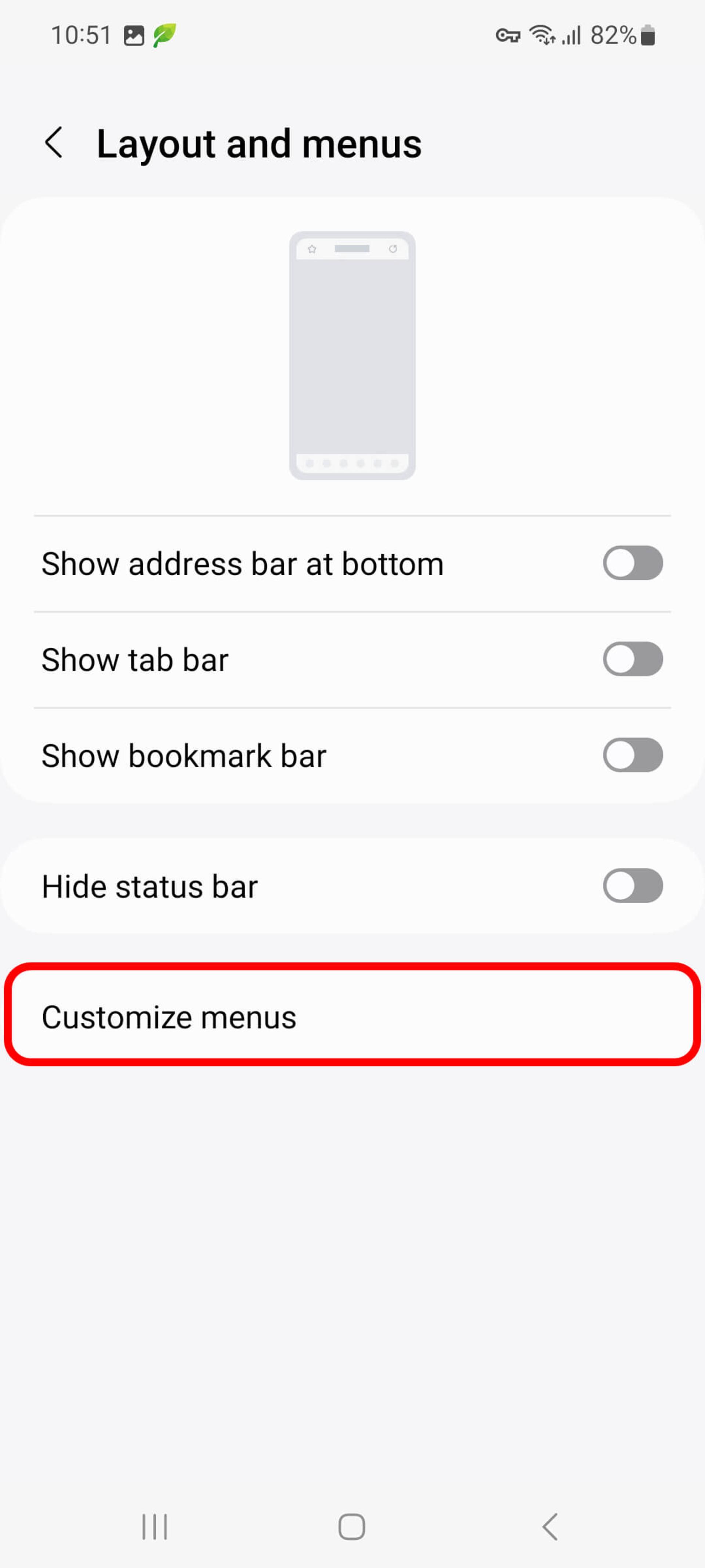 انتخاب Customize menus در مروگر سامسونگ