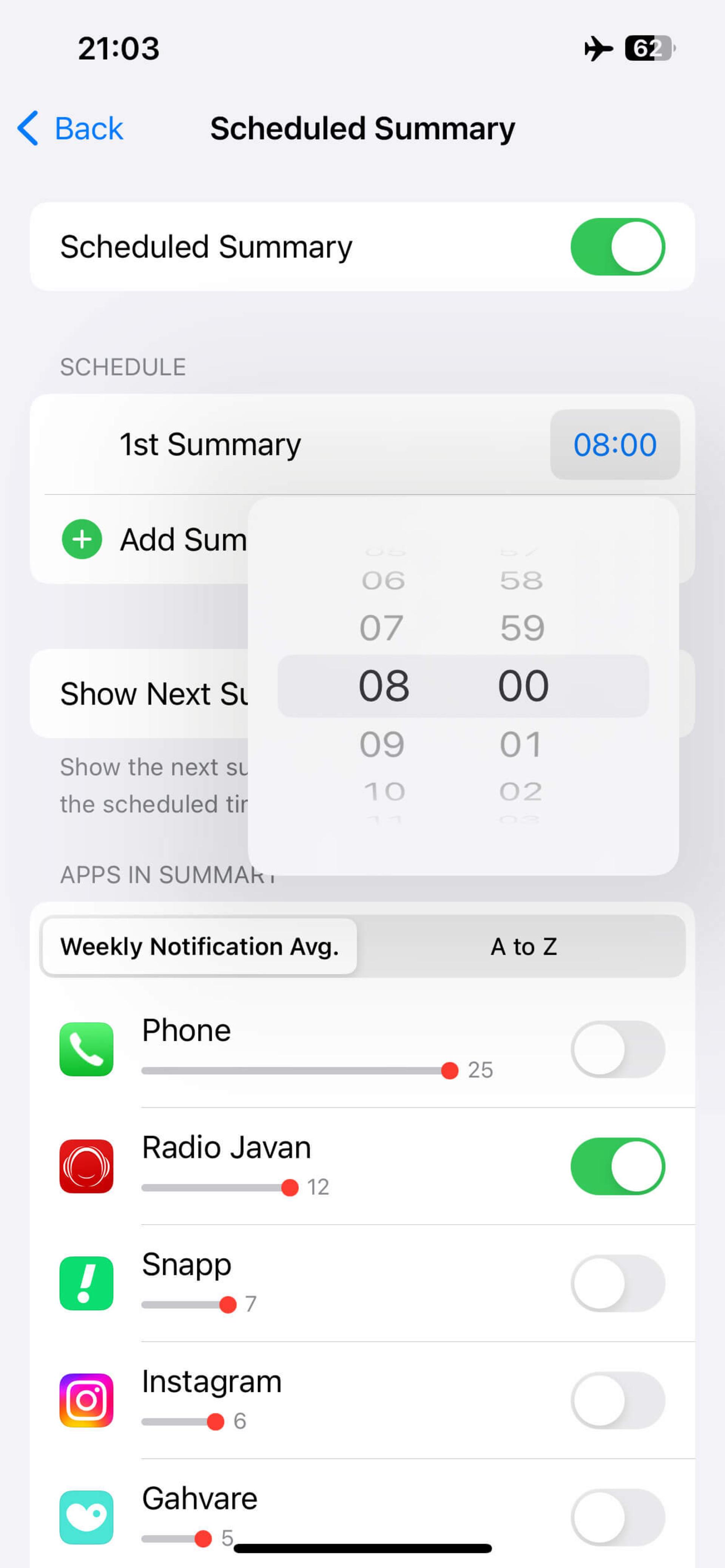 انتخاب برنامه از Apps in Summary و زمان بندی دریافت خلاصه اعلان ها در بخش Schedule
